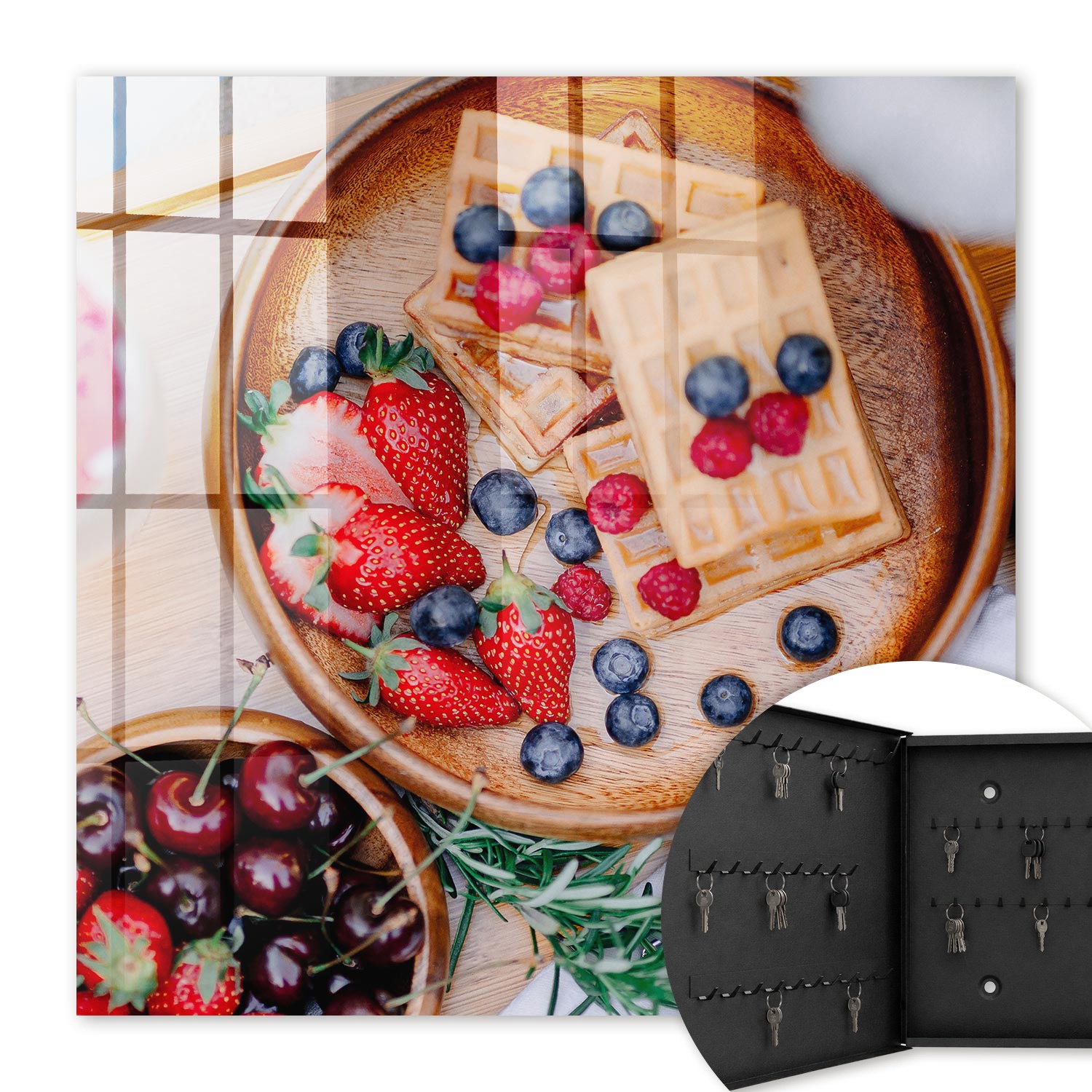 Armoire À Clés - (30 Cm X 30 Cm) - Boîte À Clés Murale - Coffret De Rangement Pour Clés - Couleur Noire - Ouverture Vers La Gauche - Pour Maison Et Bureau - Petit-déjeuner Aux Fruits
