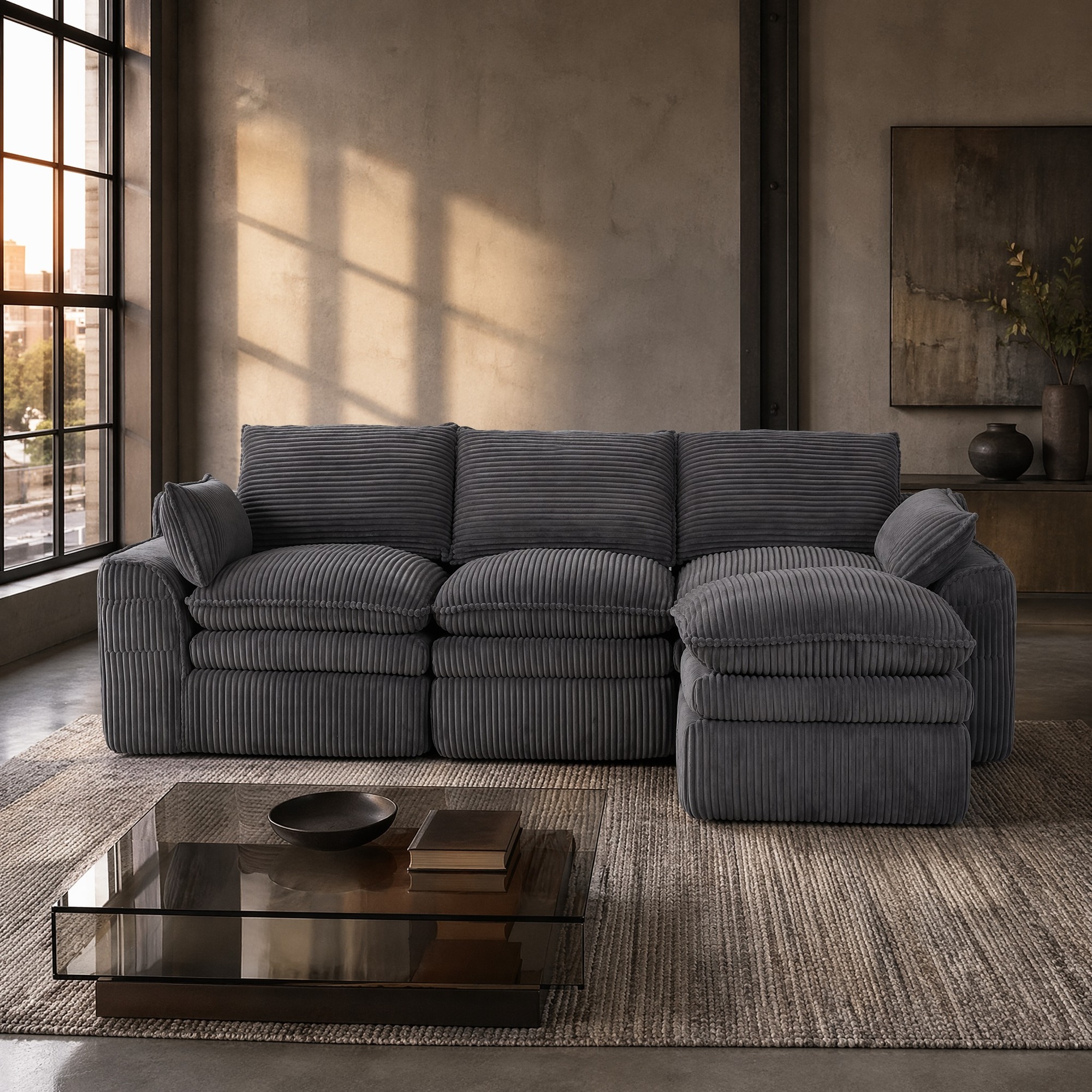 Canapé Modulable 3 Places En Velours Côtelé Avec Pouf, Coussins Et Poches Latérales, Gris Foncé