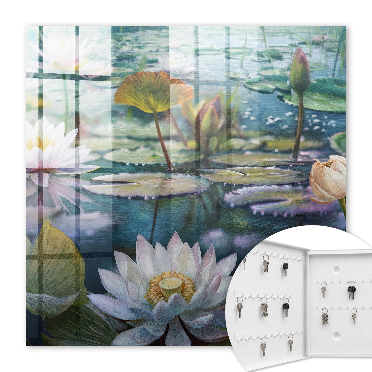 Armoire À Clés - (30 Cm X 30 Cm) - Boîte À Clés Murale - Coffret De Rangement Pour Clés - Couleur Blanche - Ouverture Vers La Gauche - Pour Maison Et Bureau - Fleurs Aquatiques