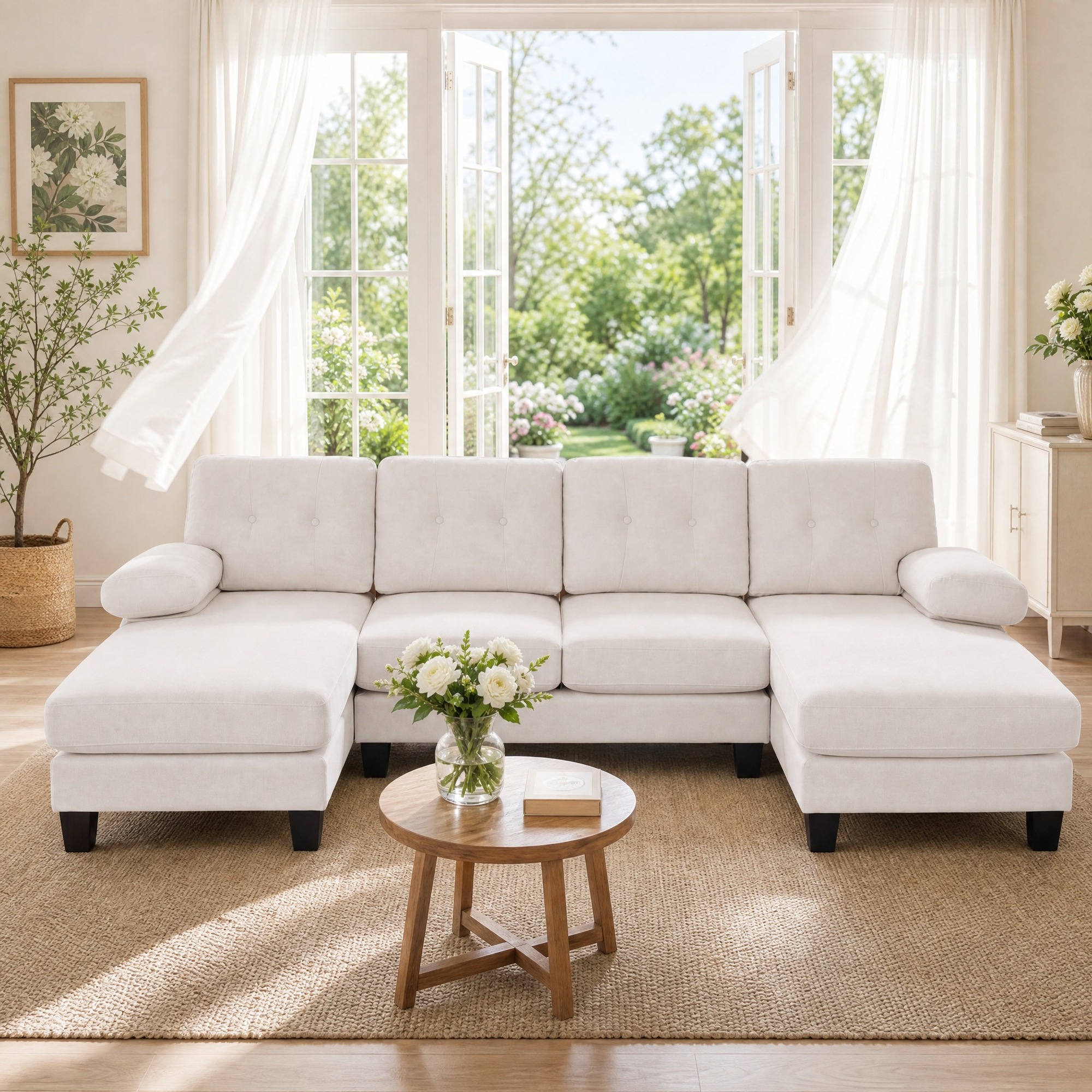 Canapé D'angle U 4 Places Avec Méridienne, Chenille Beige, Dossier Capitonné, Redom
