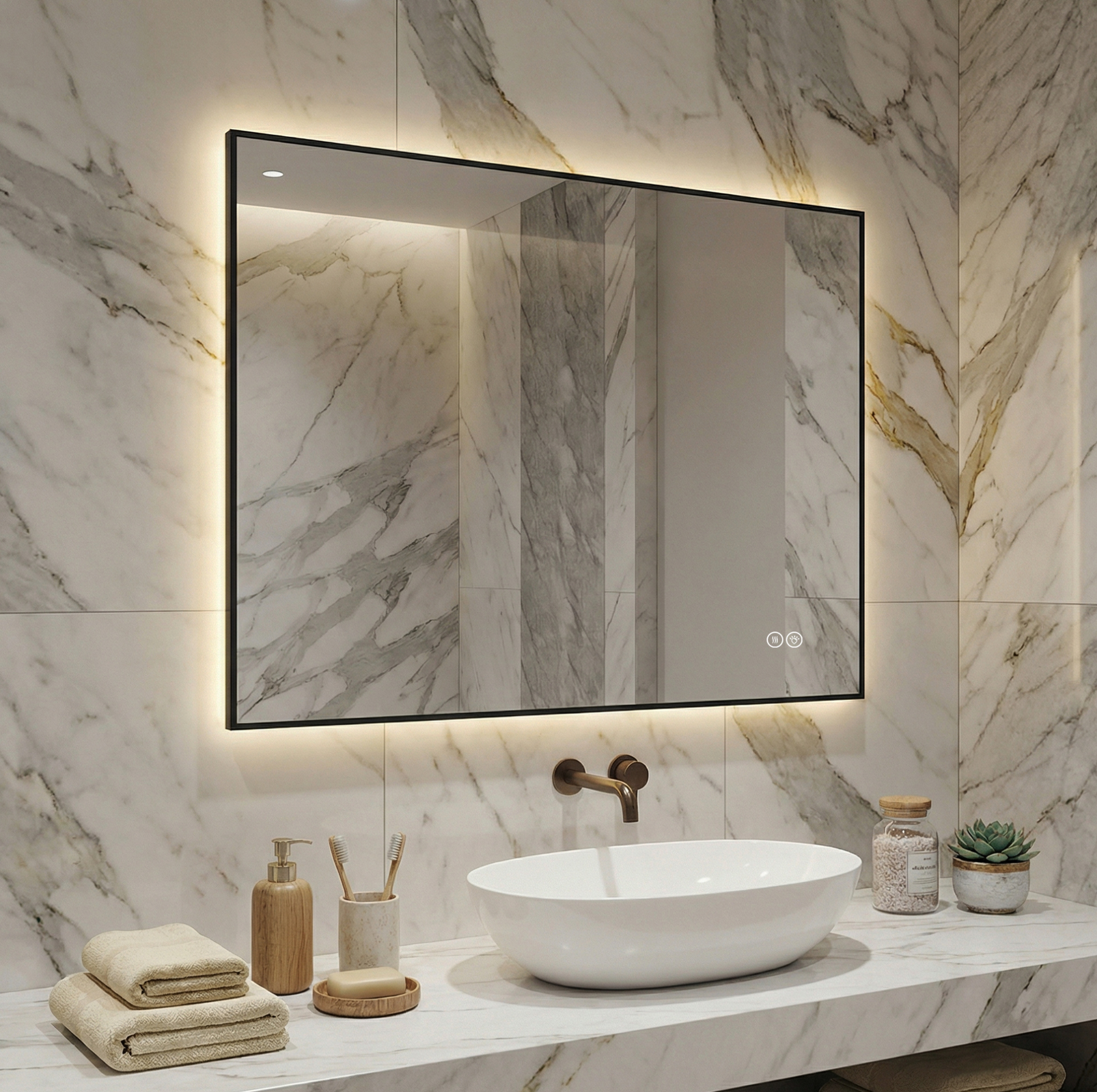 Miroir Led De Salle De Bain 60 X 80 Cm, Cadre Aluminium, Anti-buée, 3 Lumières, Dimmable