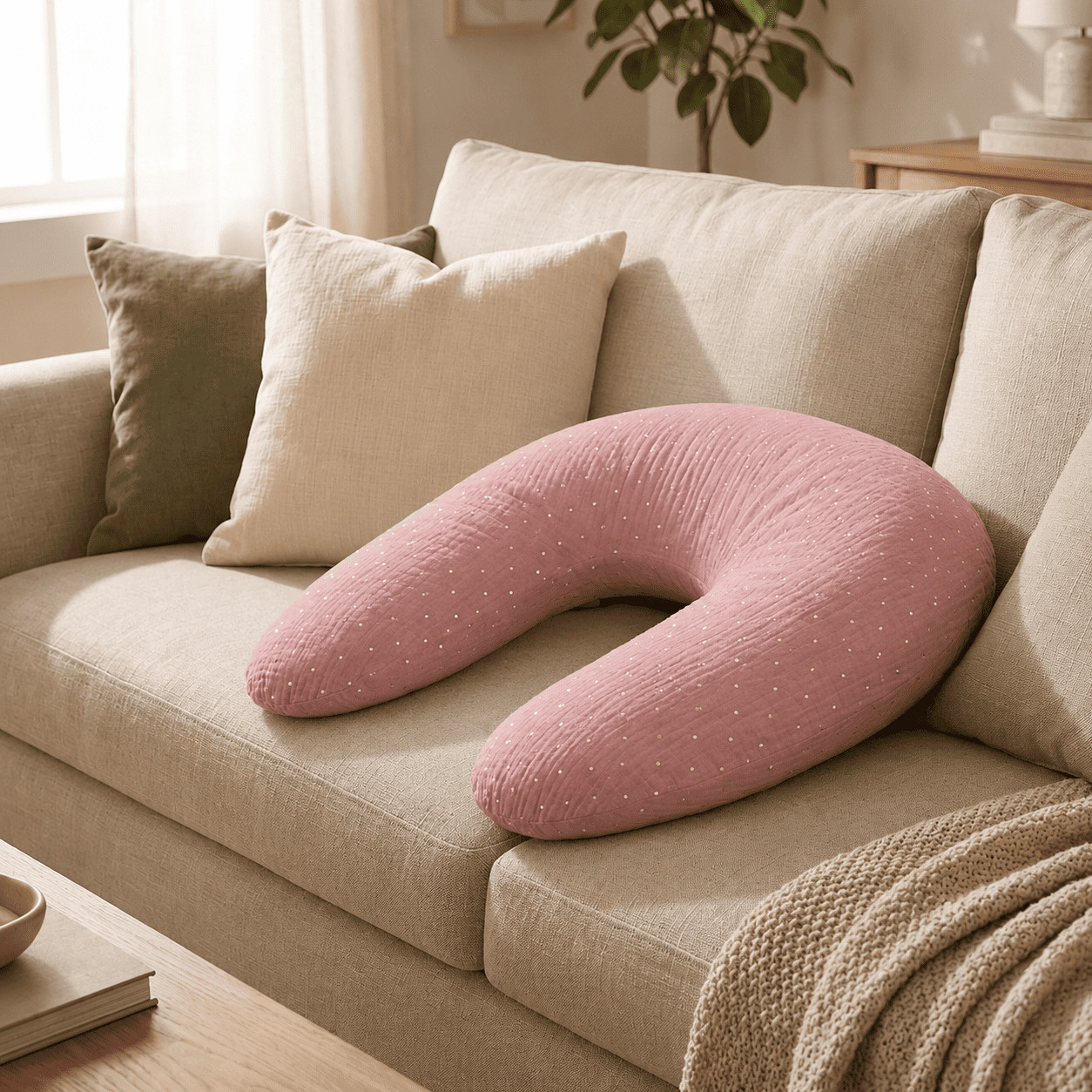 Coussin De Maternité 3 En 1: Grossesse, Allaitement & Repos - Housse Double Gaze Coton Rose Fushsia