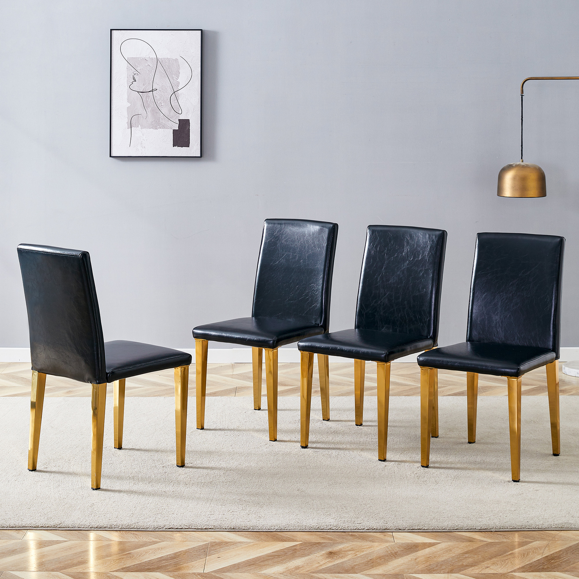 Redom Lot De 4 Chaises De Salle À Manger, Dossier Ergonomique, Assise Rembourrée, Pieds Métalliques Dorés, Pu Noir