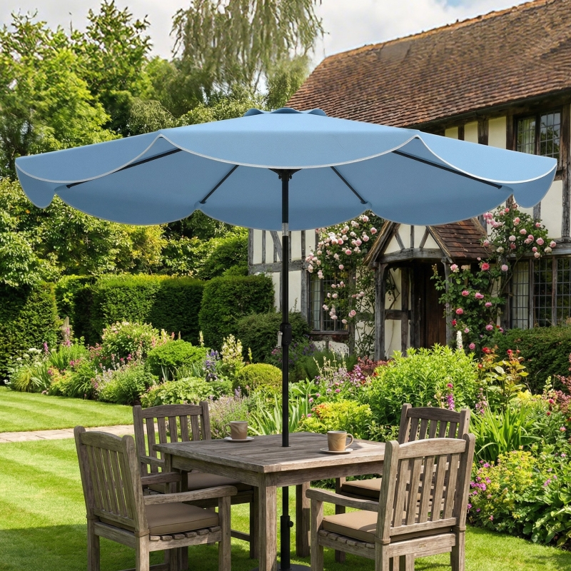 Parasol Rond Ø265 Cm Avec Volant, Inclinaison 3 Positions, Manivelle, Métal Bleu Ciel