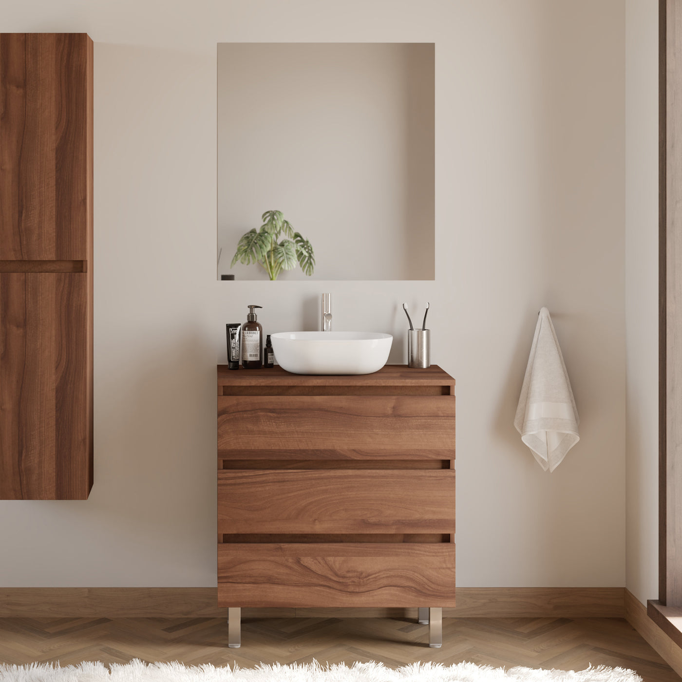 Meuble De Salle De Bain 60cm Avec Plateau Et Vasque À Poser Arrondie - 3 Tiroirs - Noyer (bois Foncé) - Mayor