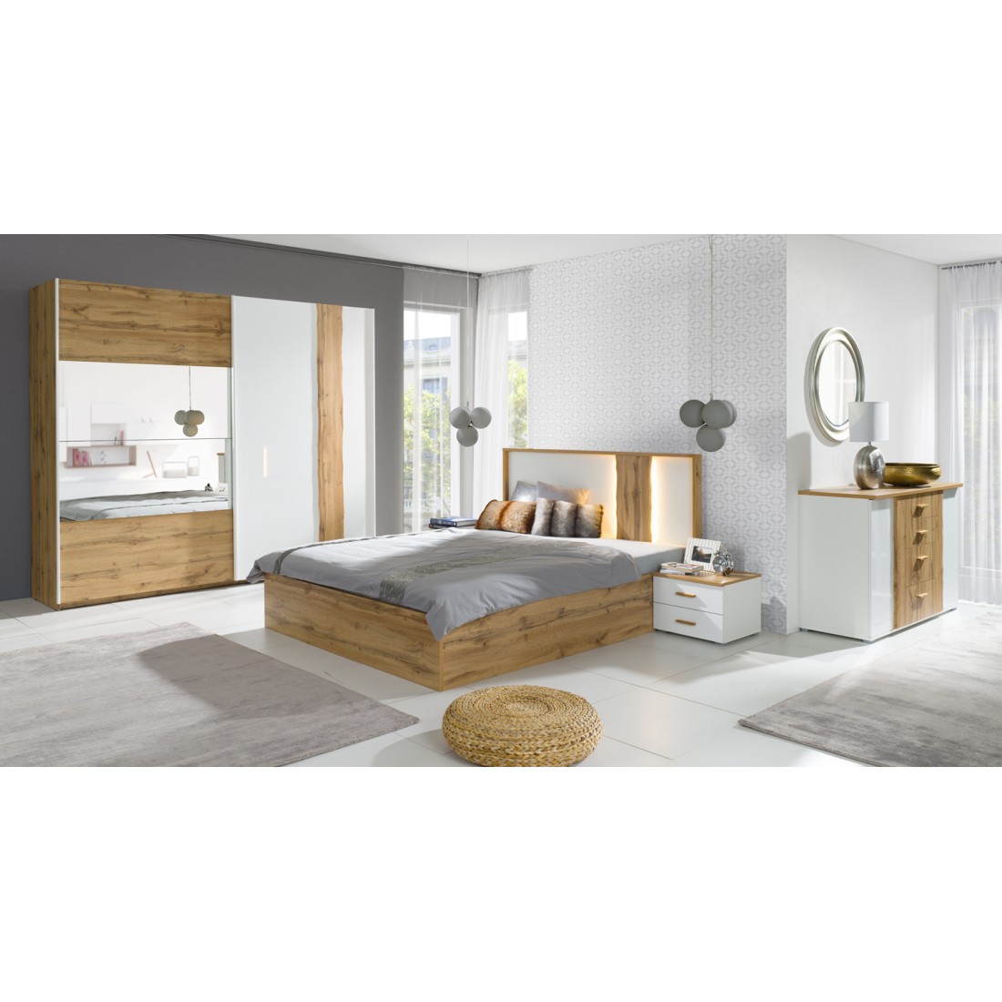 Chambre Complète Wood Avec Lit 160 X 200 Cm Led, Armoire 250 Cm, Commode Et Chevets - Chêne Et Blanc
