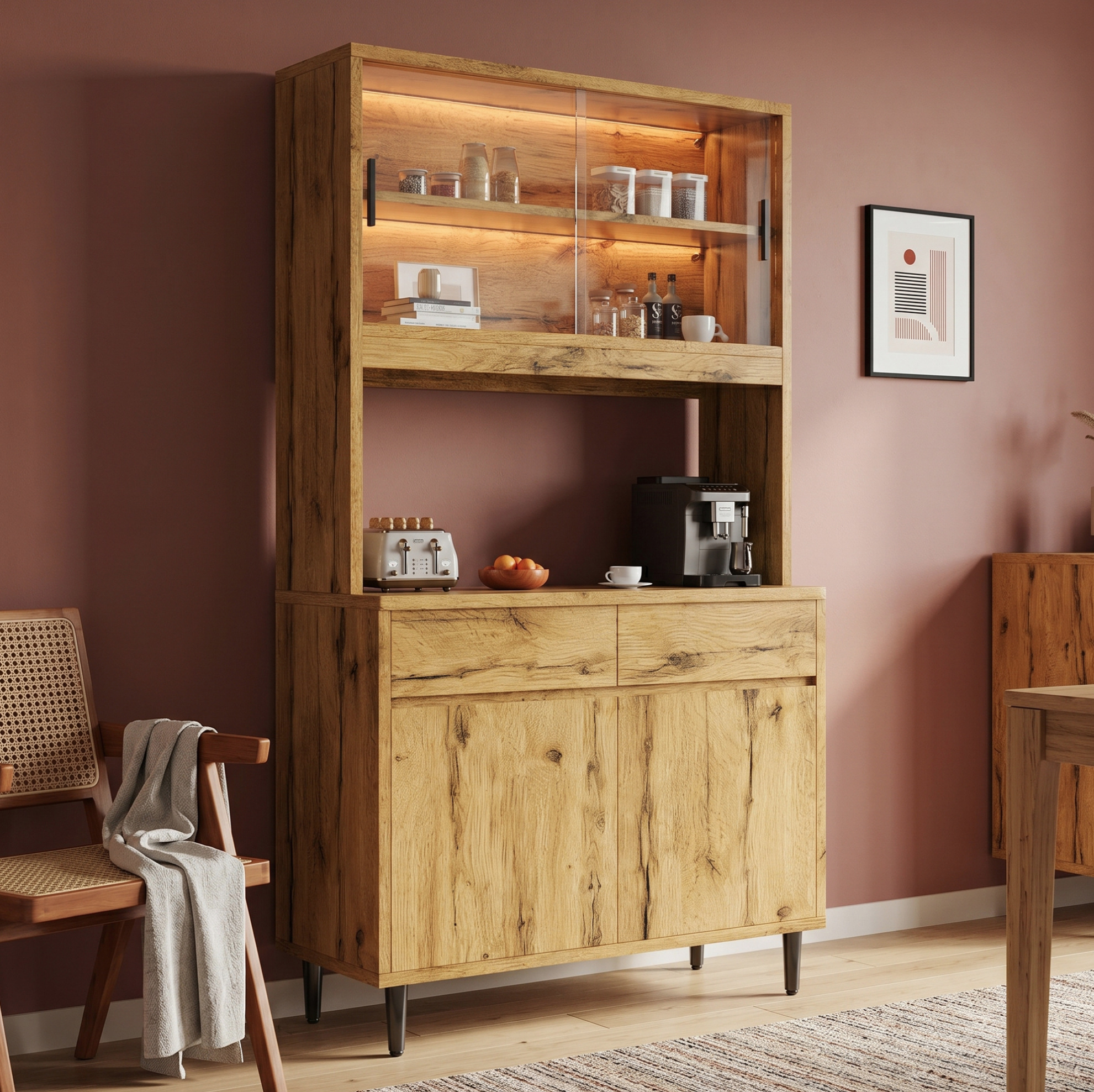 Buffet Haut De Salle À Manger 100x40x185 Cm Avec Prises Usb-a/usb-c Led, Décor Chêne