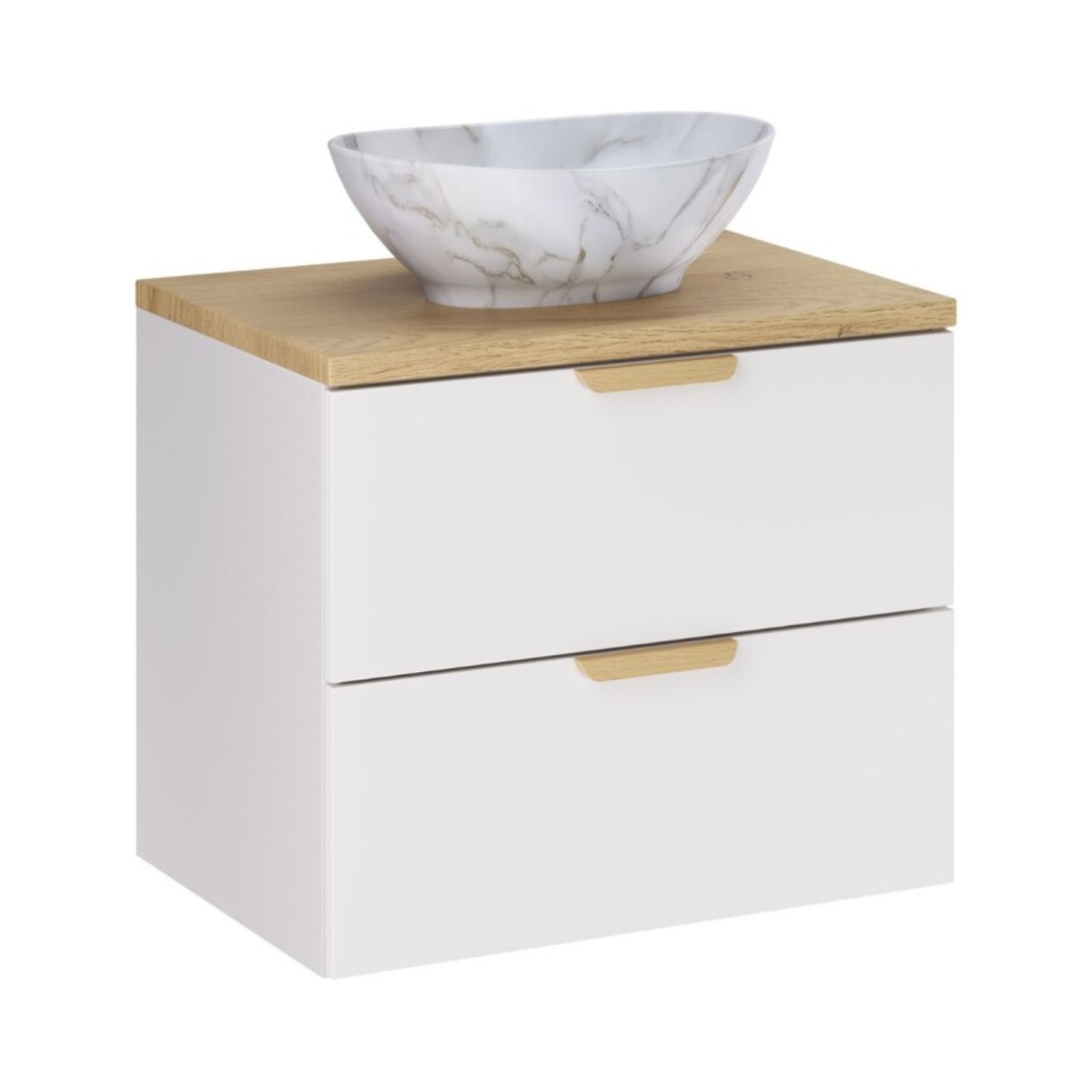 Ensemble De Salle De Bain Oster 60cm: Meuble Sous Vasque À Tiroirs + Plan Pour Vasque + Vasque À Poser Blanche Marbrée