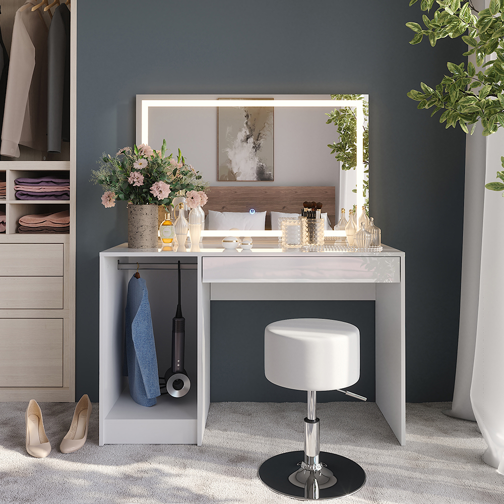 Coiffeuse Sherry, Blanc/blanc Haute Brillance, 119.8cm Avec Miroir Led Et Tabouret, Vicco