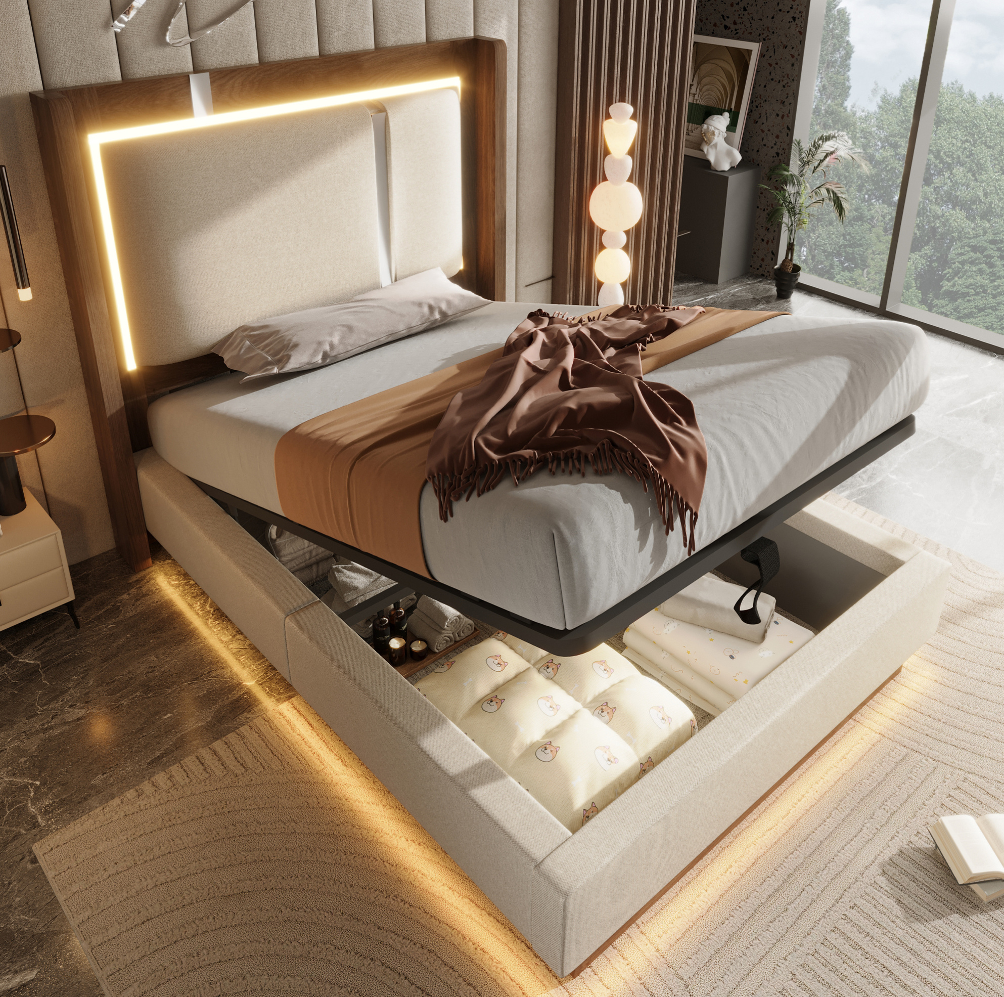 Lit Junior 90x200 Cm Rembourré Avec Sommier, Led Et Coffre, Beige Et Noyer