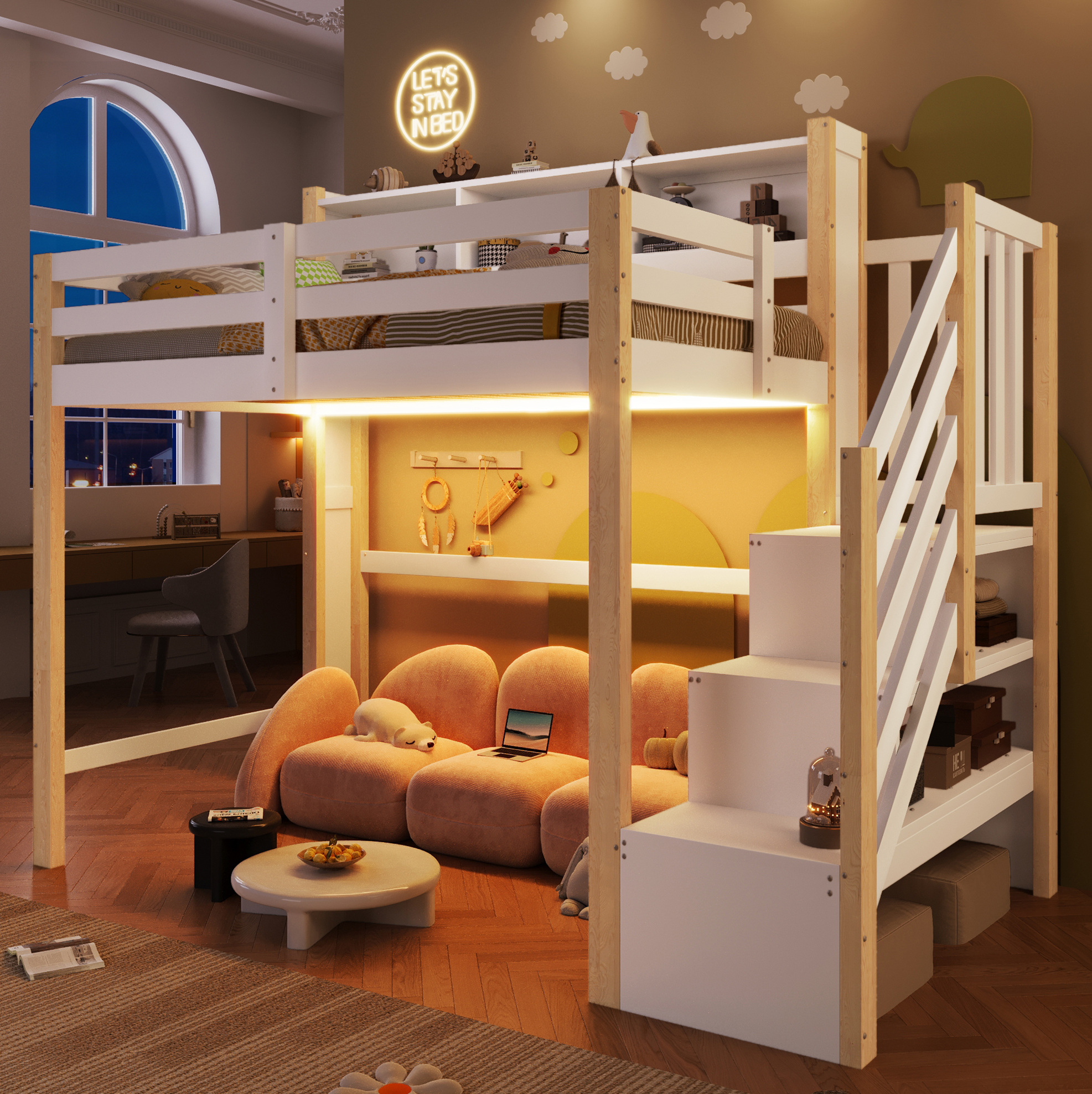 Lit Mezzanine Enfant 90x200 Cm Avec Led, Grand Rangement, Échelle De Rangement, Blanc Et Naturel