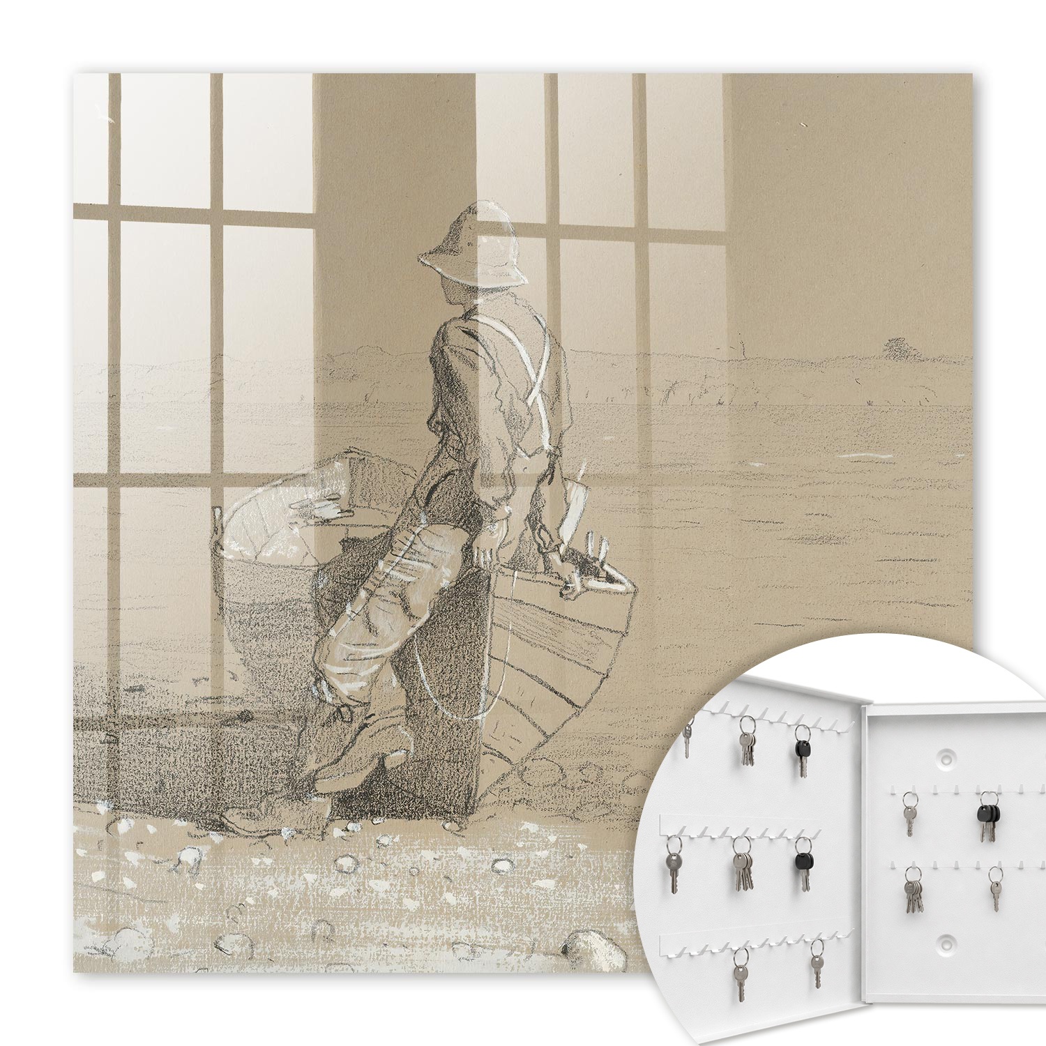 Armoire À Clés - (30 Cm X 30 Cm) - Boîte À Clés Murale - Coffret De Rangement Pour Clés - Couleur Blanche - Ouverture Vers La Gauche - Pour Maison Et Bureau - Pêcheur Au Bord Du Lac