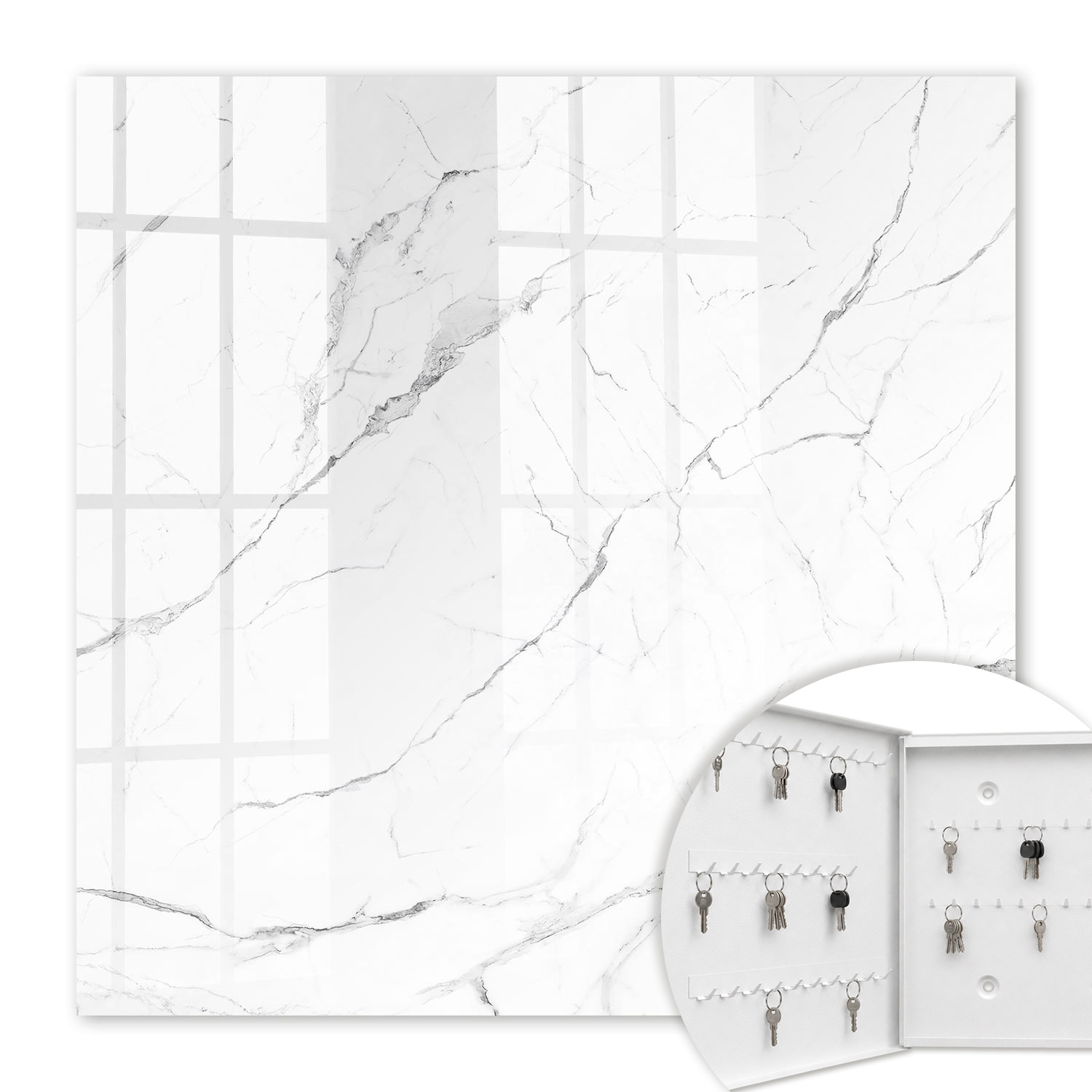 Armoire À Clés - (30 Cm X 30 Cm) - Boîte À Clés Murale - Coffret De Rangement Pour Clés - Couleur Blanche - Ouverture Vers La Gauche - Pour Maison Et Bureau - Texture De Marbre