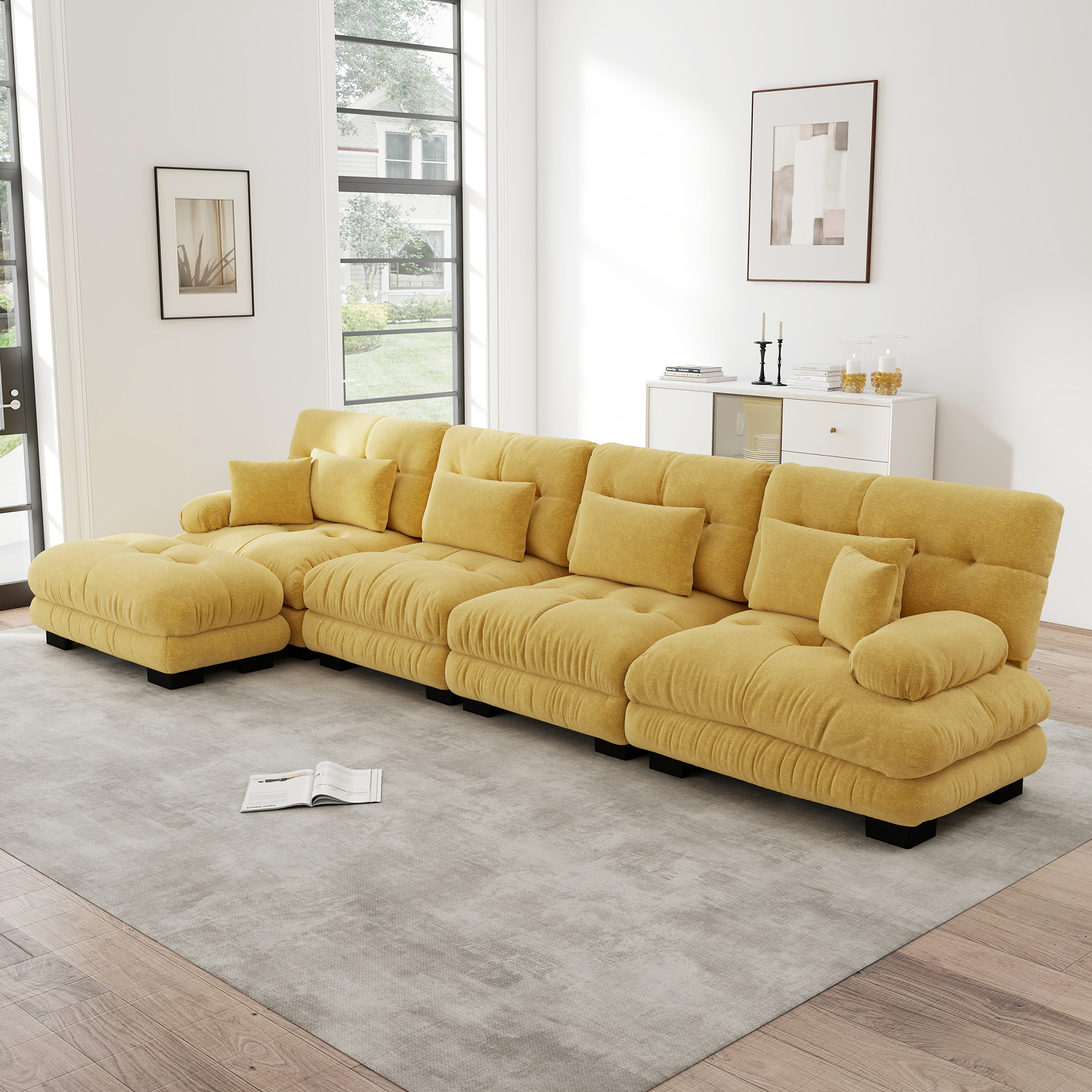 Redom Canapé Modulaire D'Angle, Ottomans Mobiles, Configuration L U Ou Droite, Assise Profonde, Chenille Vintage Jaune