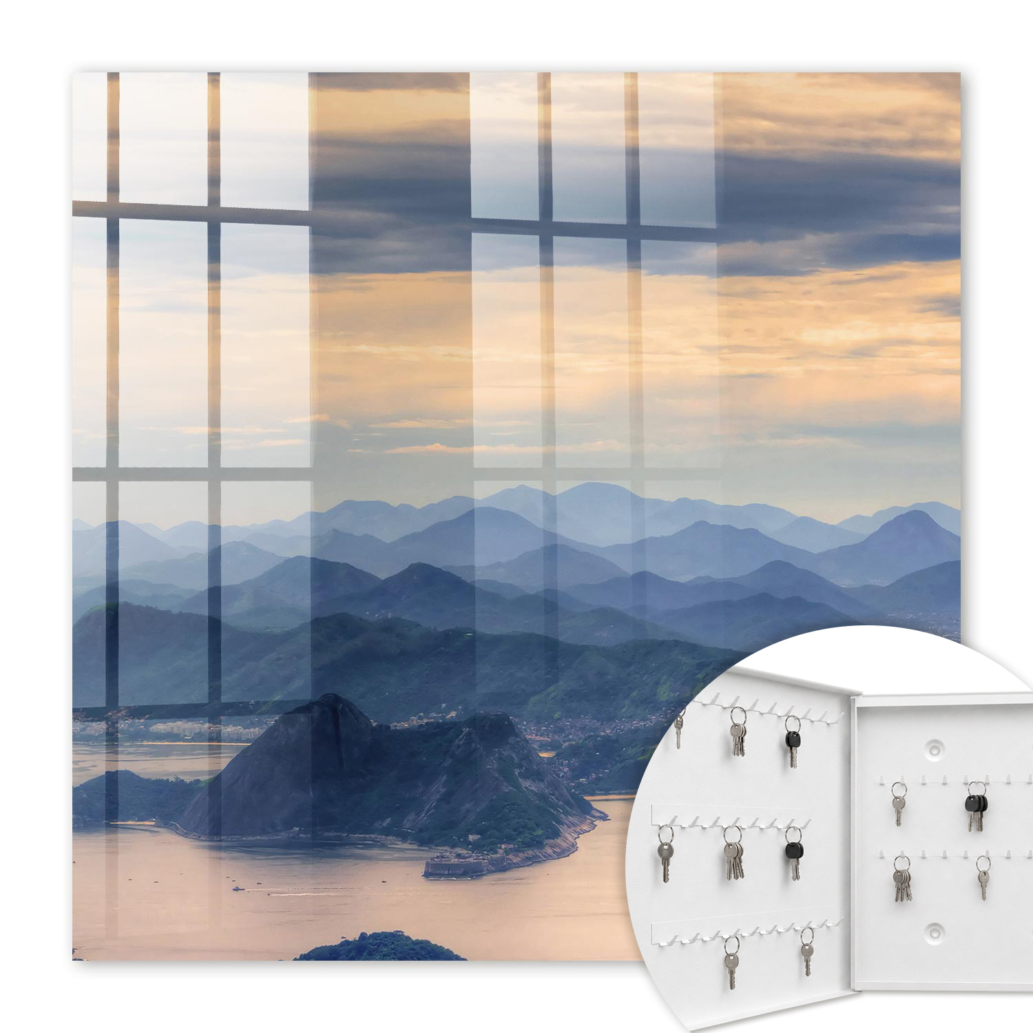 Armoire À Clés - (30 Cm X 30 Cm) - Boîte À Clés Murale - Coffret De Rangement Pour Clés - Couleur Blanche - Ouverture Vers La Gauche - Pour Maison Et Bureau - Paysage De Montagne