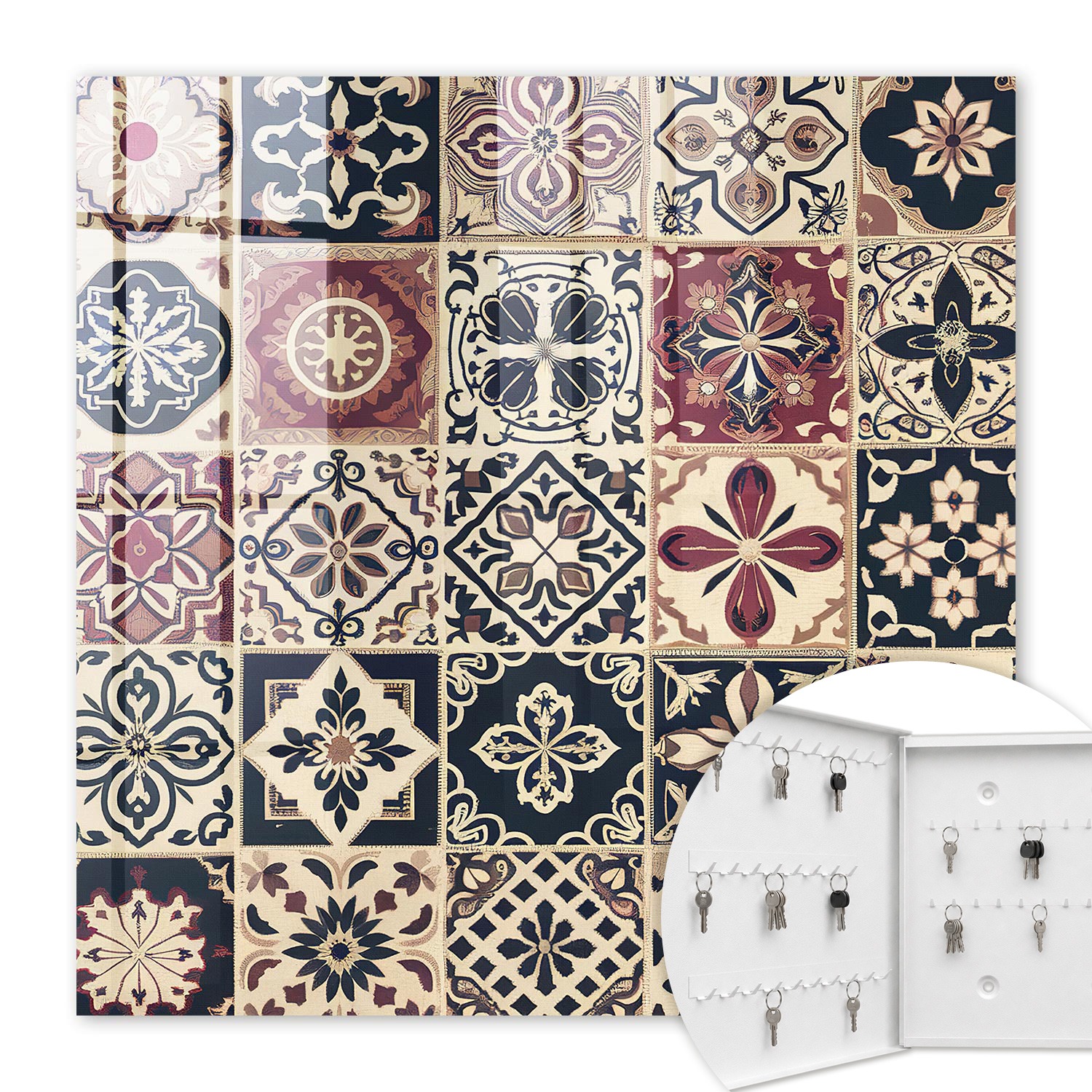 Armoire À Clés - (30 Cm X 30 Cm) - Boîte À Clés Murale - Coffret De Rangement Pour Clés - Couleur Blanche - Ouverture Vers La Gauche - Pour Maison Et Bureau - Motifs Classiques