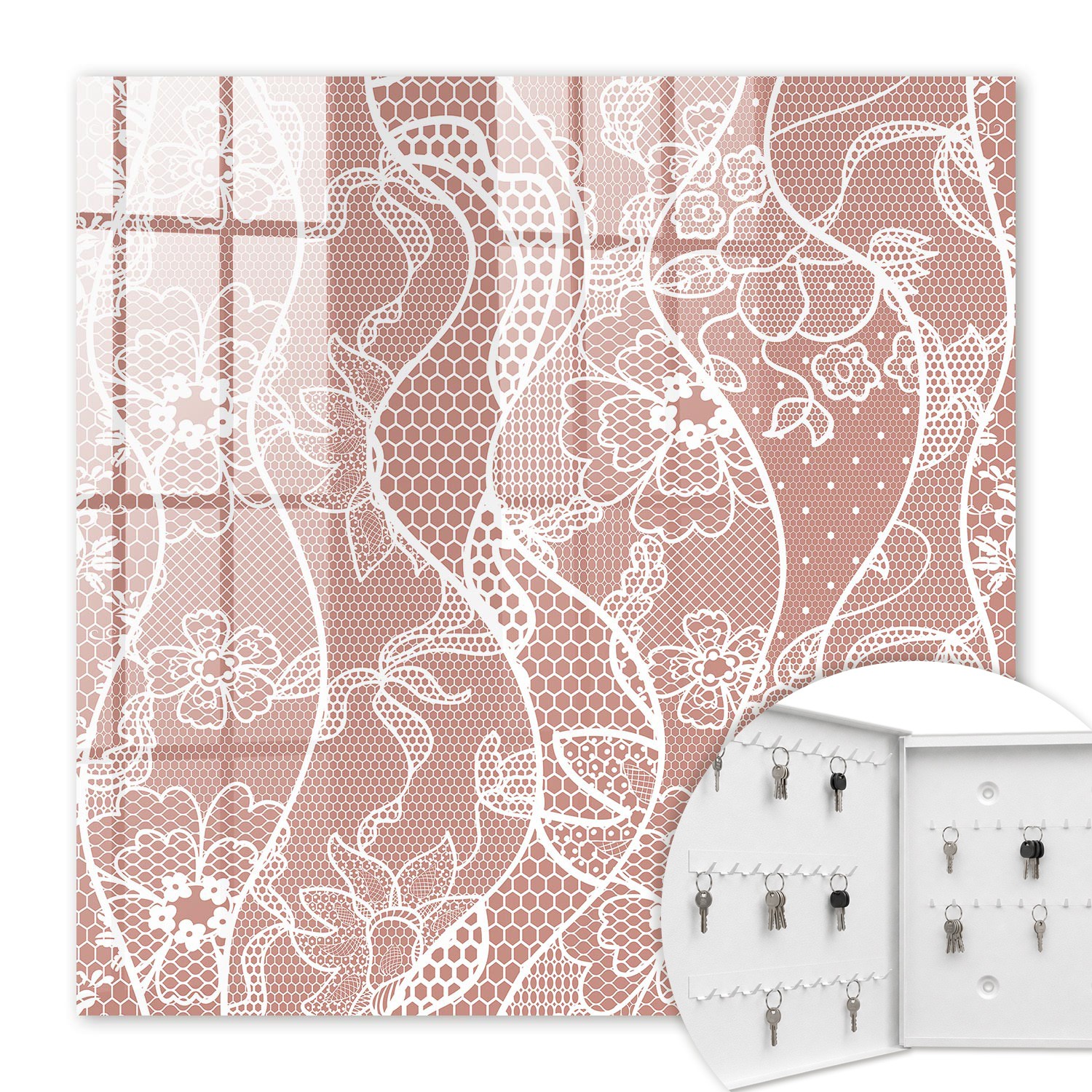 Armoire À Clés - (30 Cm X 30 Cm) - Boîte À Clés Murale - Coffret De Rangement Pour Clés - Couleur Blanche - Ouverture Vers La Gauche - Pour Maison Et Bureau - Dentelle Élégante