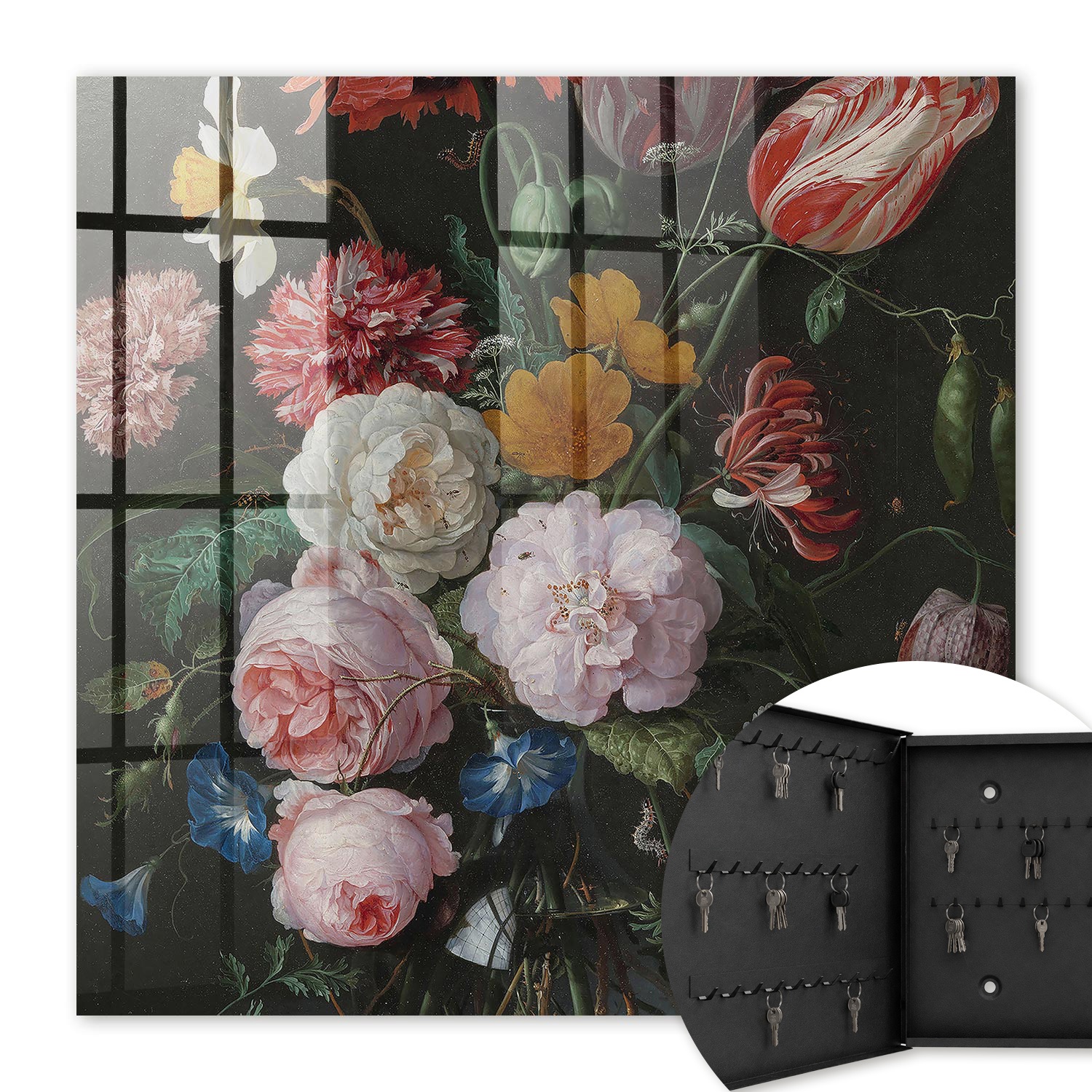 Armoire À Clés - (30 Cm X 30 Cm) - Boîte À Clés Murale - Coffret De Rangement Pour Clés - Couleur Noire - Ouverture Vers La Gauche - Pour Maison Et Bureau - Un Bouquet De Fleurs