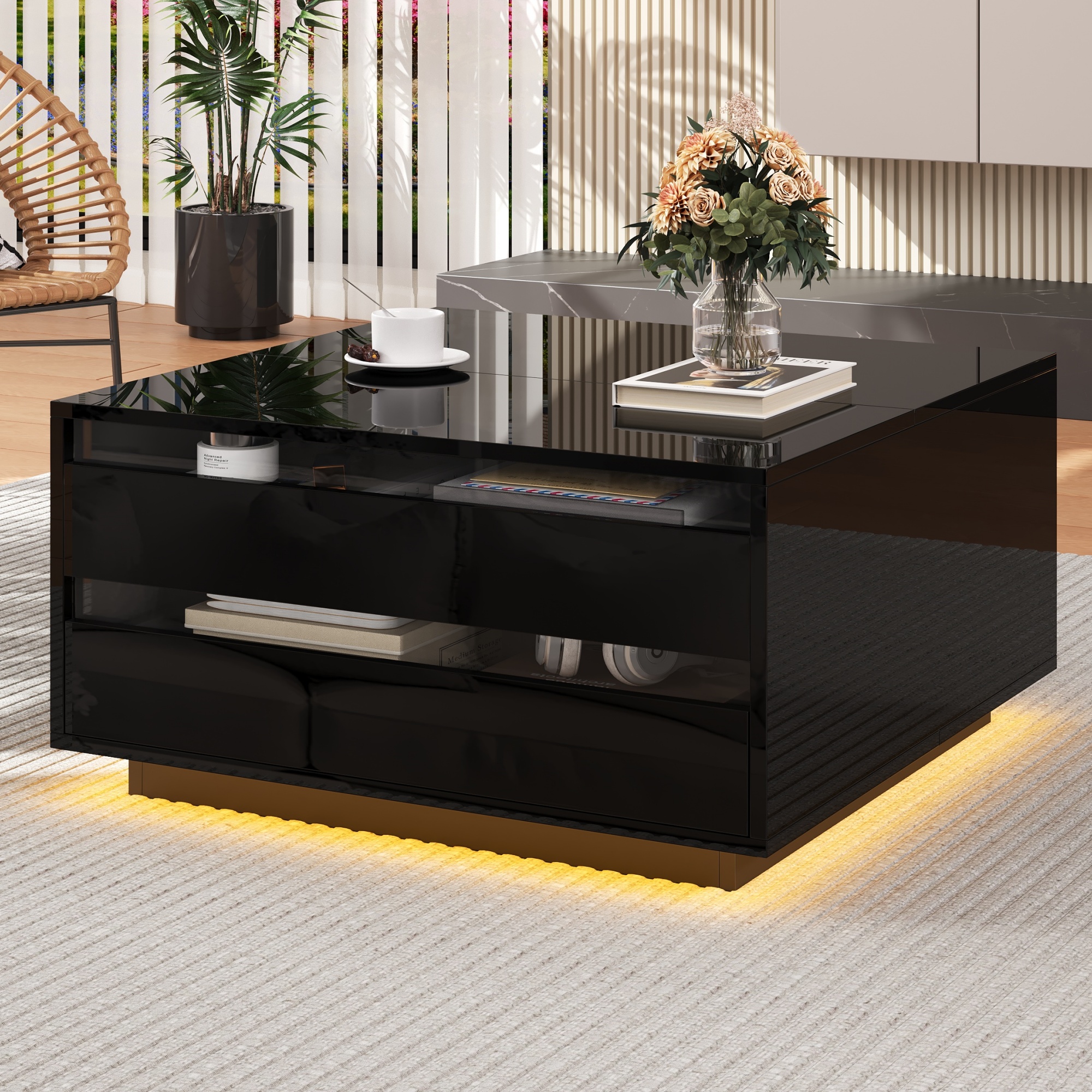 Redom Table Basse 70x70x38 Cm Led Via Application, 1 Tiroir, Rangement Caché, Panneau De Particules Noir