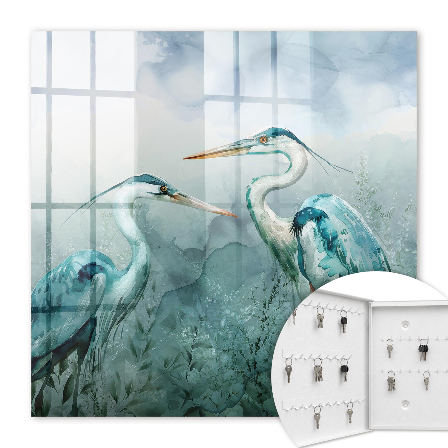 Armoire À Clés - (30 Cm X 30 Cm) - Boîte À Clés Murale - Coffret De Rangement Pour Clés - Couleur Blanche - Ouverture Vers La Gauche - Pour Maison Et Bureau - Hérons Aquarelle