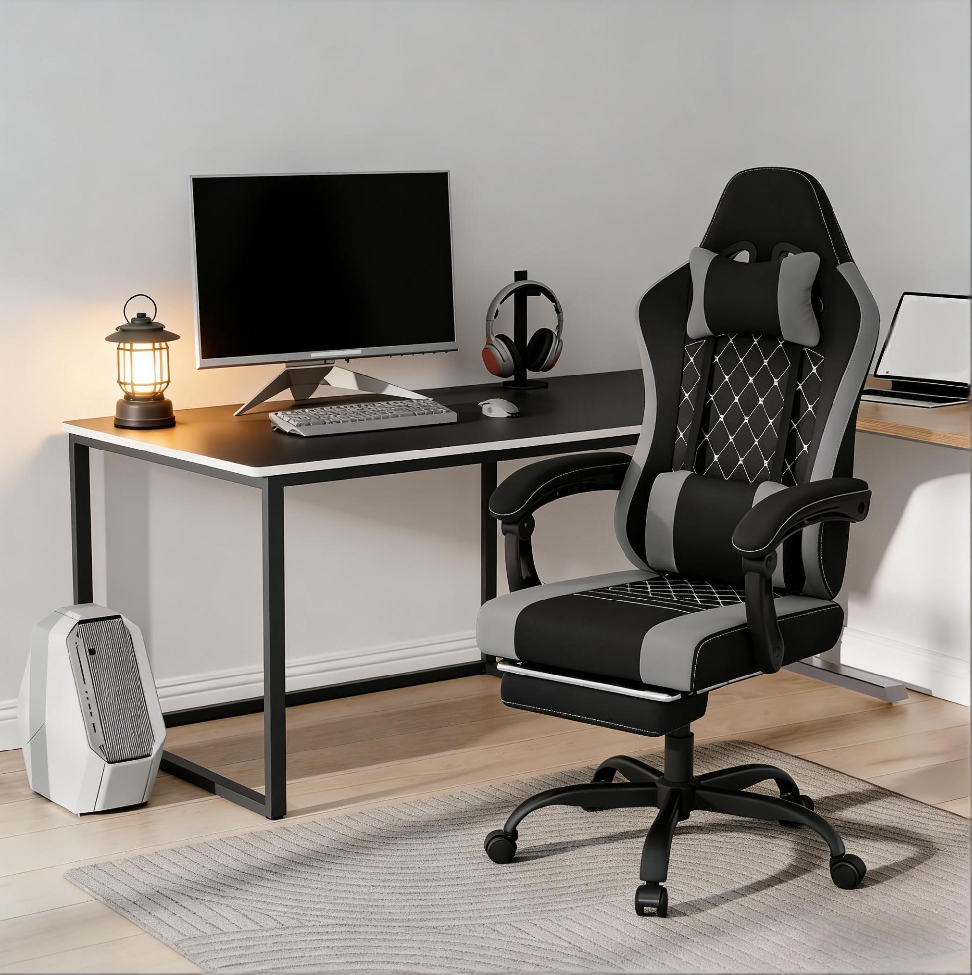 Fauteuil De Bureau Gaming Ergonomique Pivotant Avec Massage, Métal, Tissu Noir Et Gris
