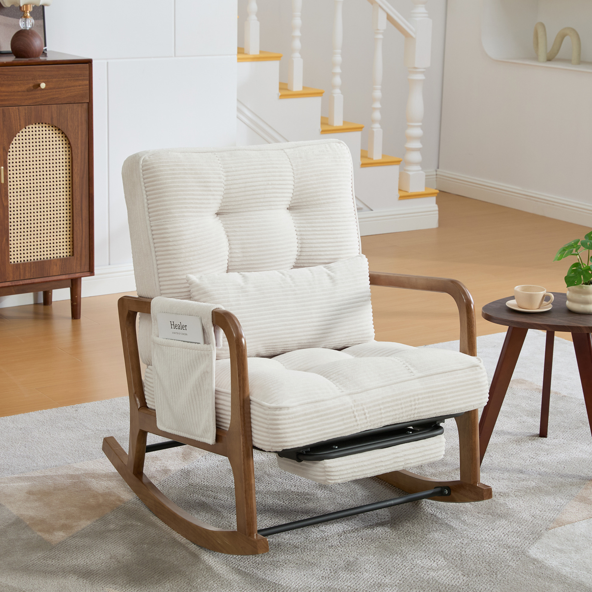 Chaise Berçante Moderne Avec Repose-pieds, Dossier Réglable, Cord Beige, Redom