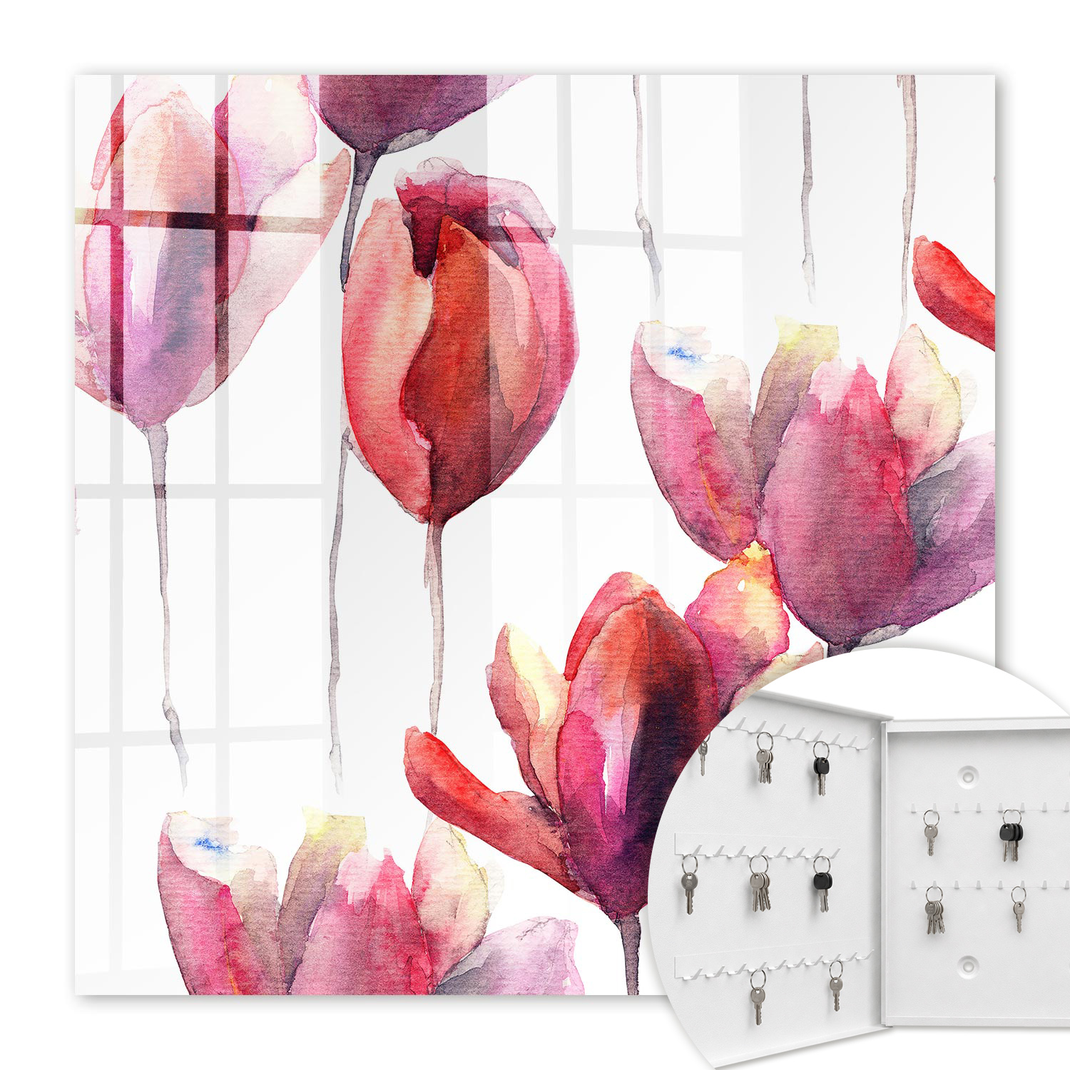 Armoire À Clés - (30 Cm X 30 Cm) - Boîte À Clés Murale - Coffret De Rangement Pour Clés - Couleur Blanche - Ouverture Vers La Gauche - Pour Maison Et Bureau - Tulipes Aquarelle