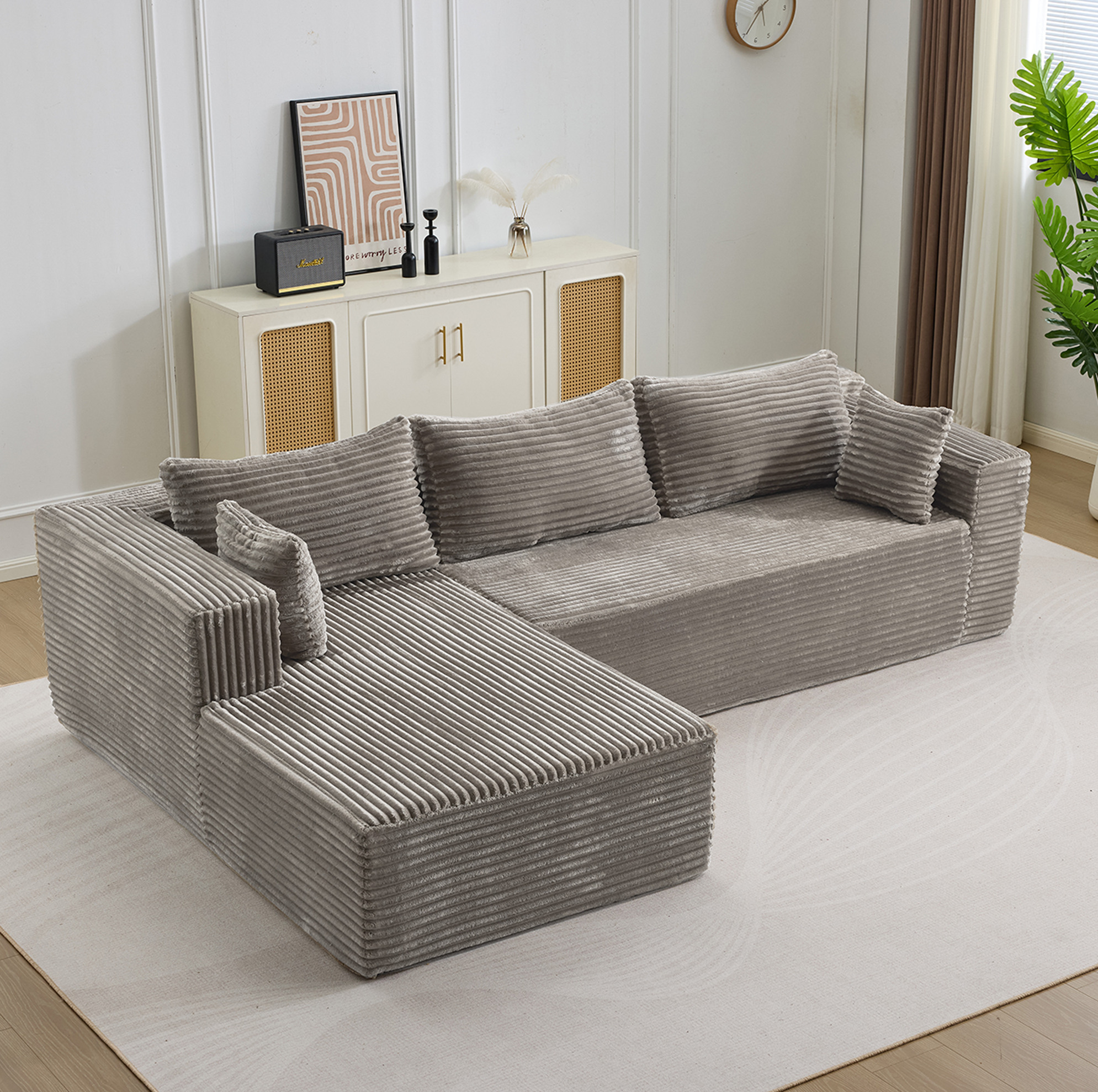 Canapé D'angle Modulable L Avec Chaise Longue, Corduroy Gris, 279 X 179 X 83 Cm, Redom