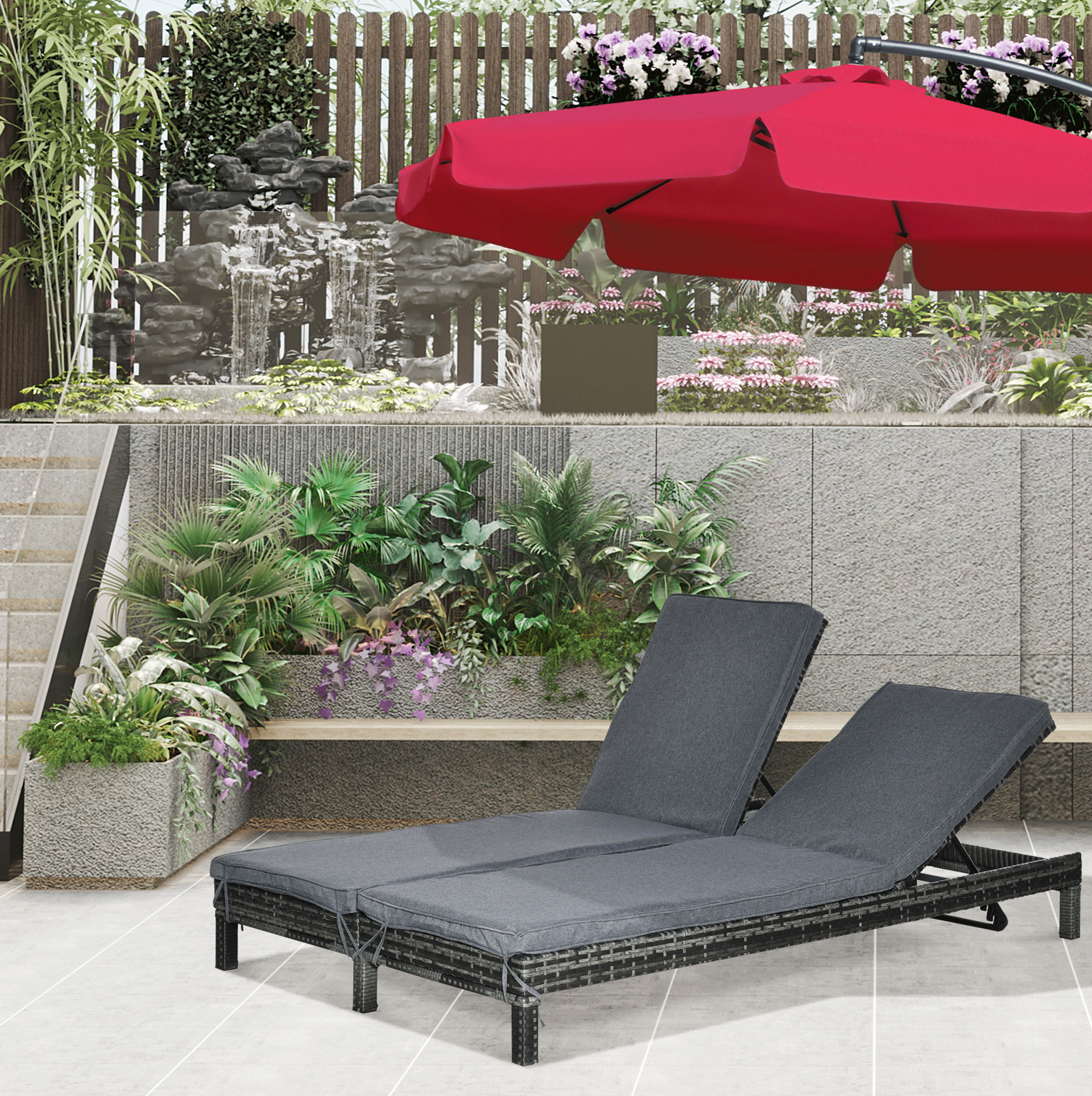 Bain De Soleil Double En Polyrattan Avec 2 Dossiers Réglables 196x120x28 Cm Gris Redom