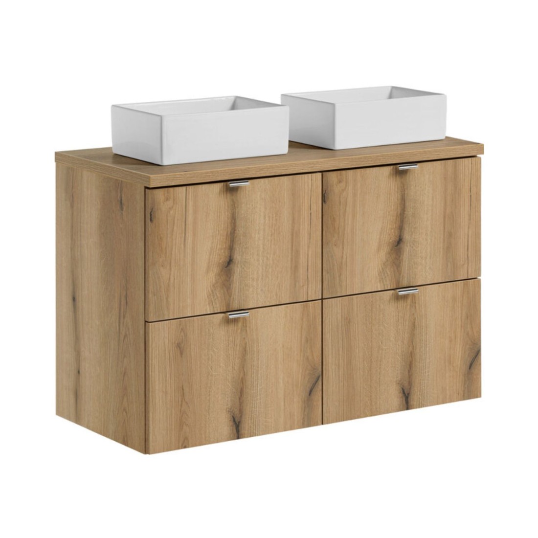 Ensemble Suspendu Vano Aspect Chêne 100cm: Meubles Sous Vasque À Tiroirs + Plan Pour Vasque + Vasques À Poser Rectangulaires