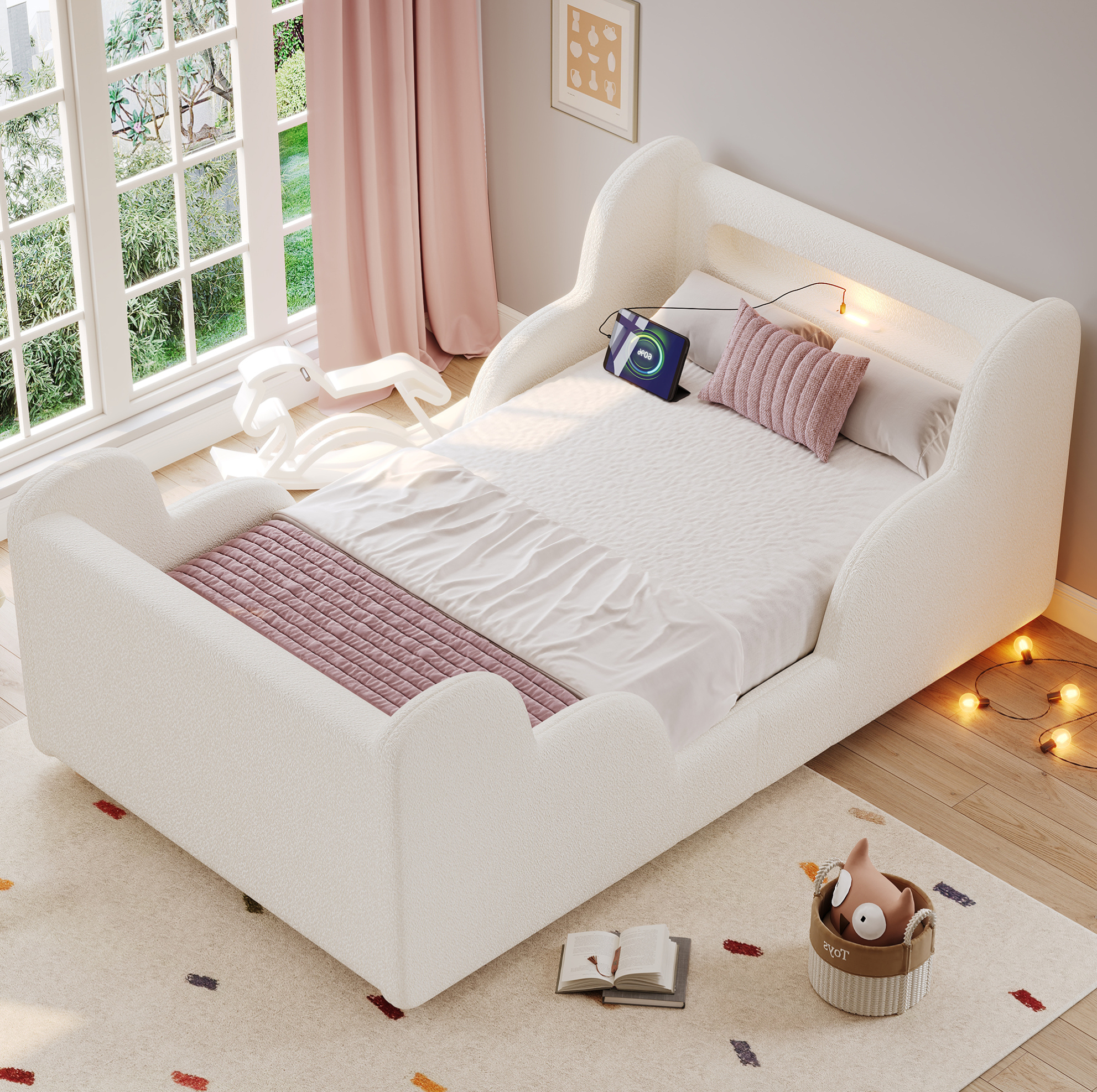 Lit Enfant 90 X 200 Cm Rembourré Avec Barrière, Veilleuse, Usb/type-c, Beige Bouclé