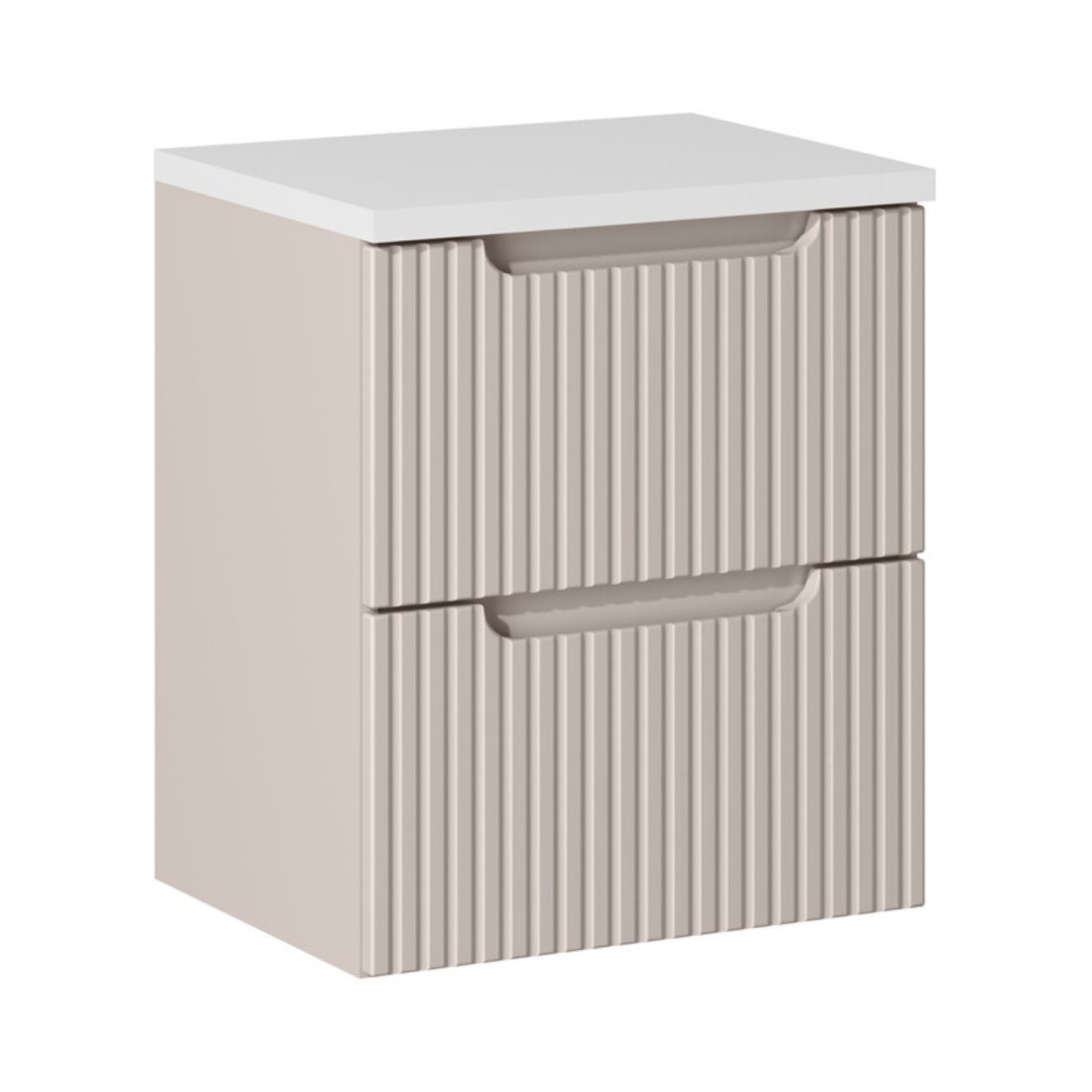 Ensemble Vano Cachemire Et Blanc 50cm: Meuble Sous Vasque À Tiroirs Rainuré Verticalement + Plan Pour Vasque Blanc Mat