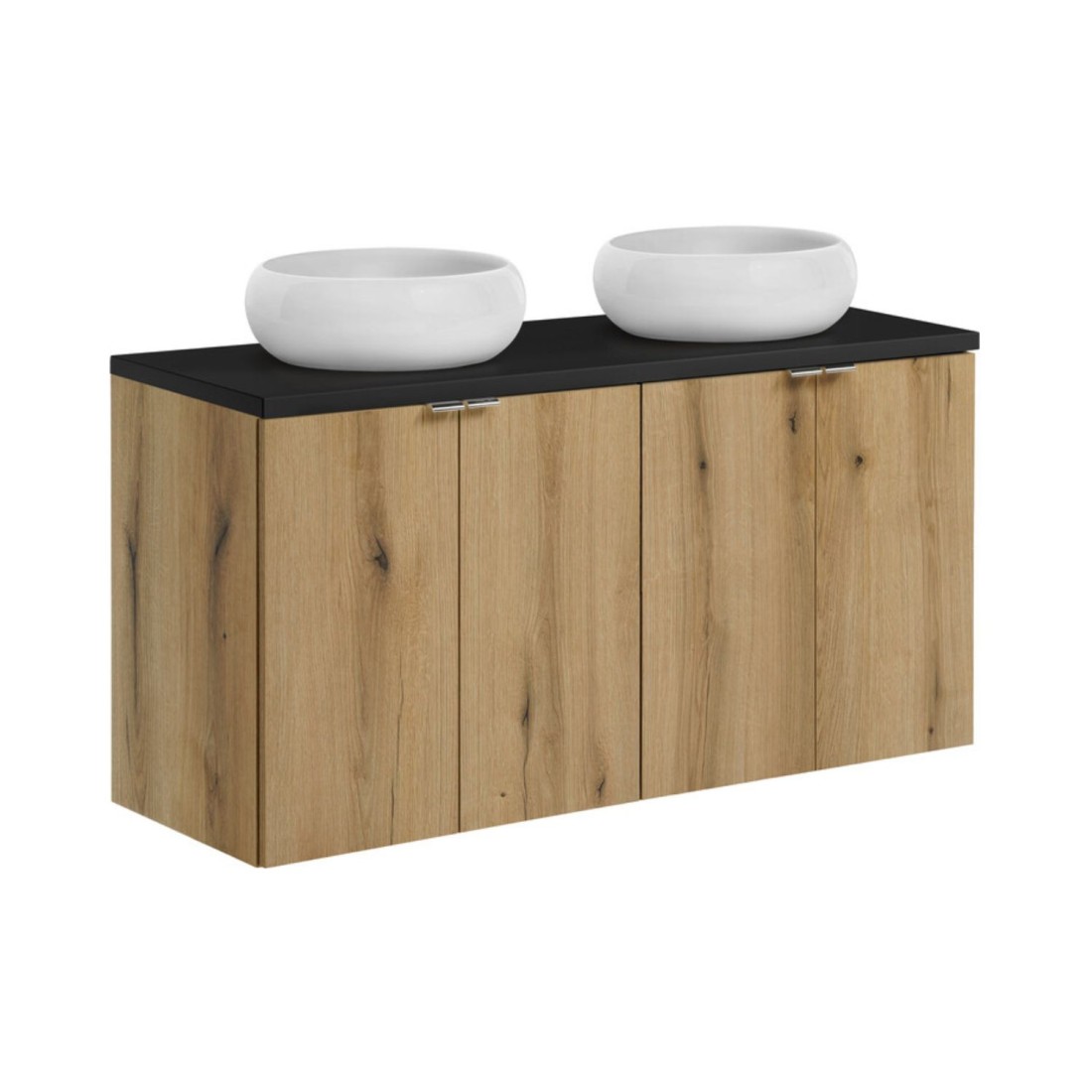 Ensemble Vano Aspect Chêne Et Noir 120cm: Meubles Sous Vasque À Placards + Plan Pour Vasque + Vasques À Poser Ronde Blanche