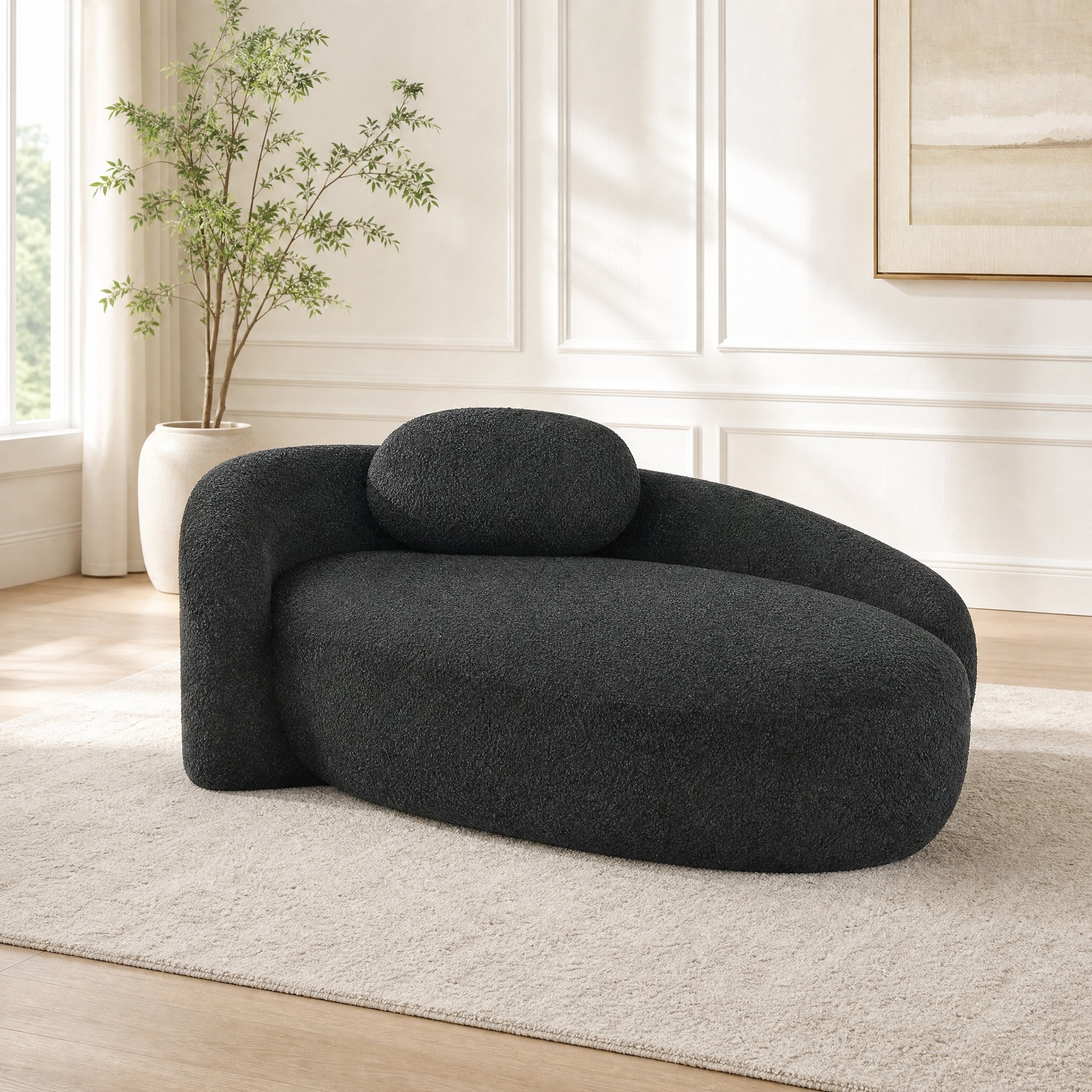 Canapé 1 Place En Teddyfleece Noir, Design Arrondi Avec Coussin, 170 × 96 × 62 Cm