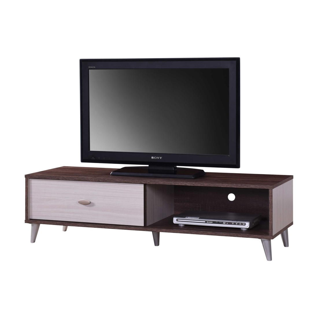 Meublorama - Meuble Tv Bodrum 120 Cm Avec Une Porte Coulissante Coloris Noyer Et Blanc.
