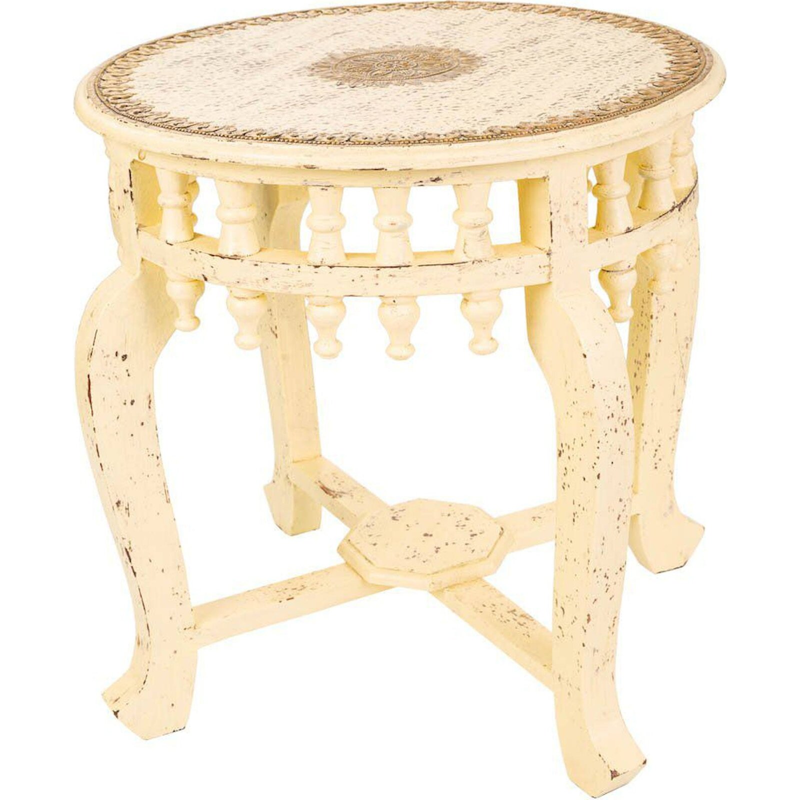 Table D'Appoint Ivoire En Bois De Manguier Et Laiton Sculpté - Ivoire Patiné Laiton Doré