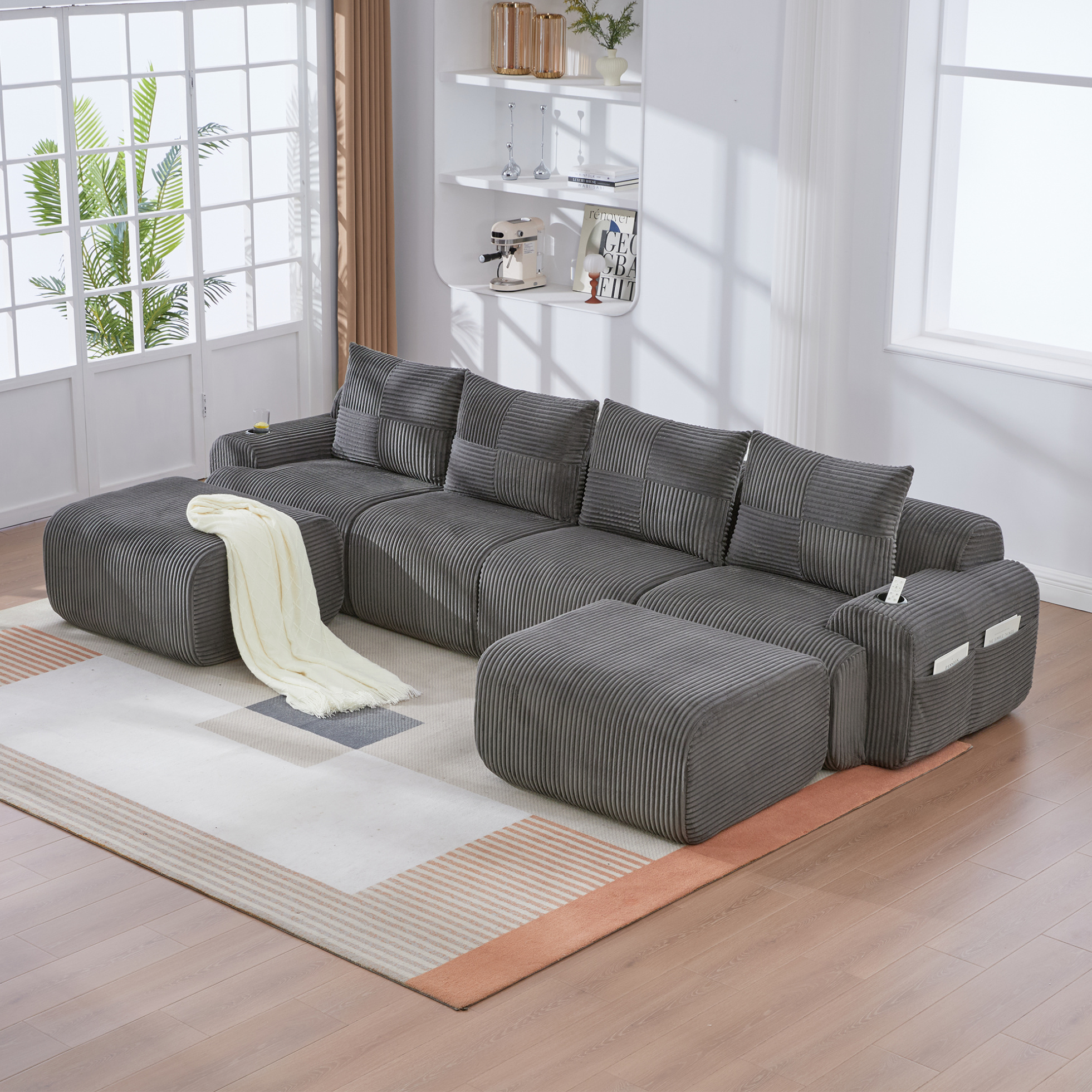 Redom - Canapé Modulaire 4 Places Avec 2 Poufs, Porte Gobelet Intégré, Poche Latérale, Velours Côtelé Gris Foncé