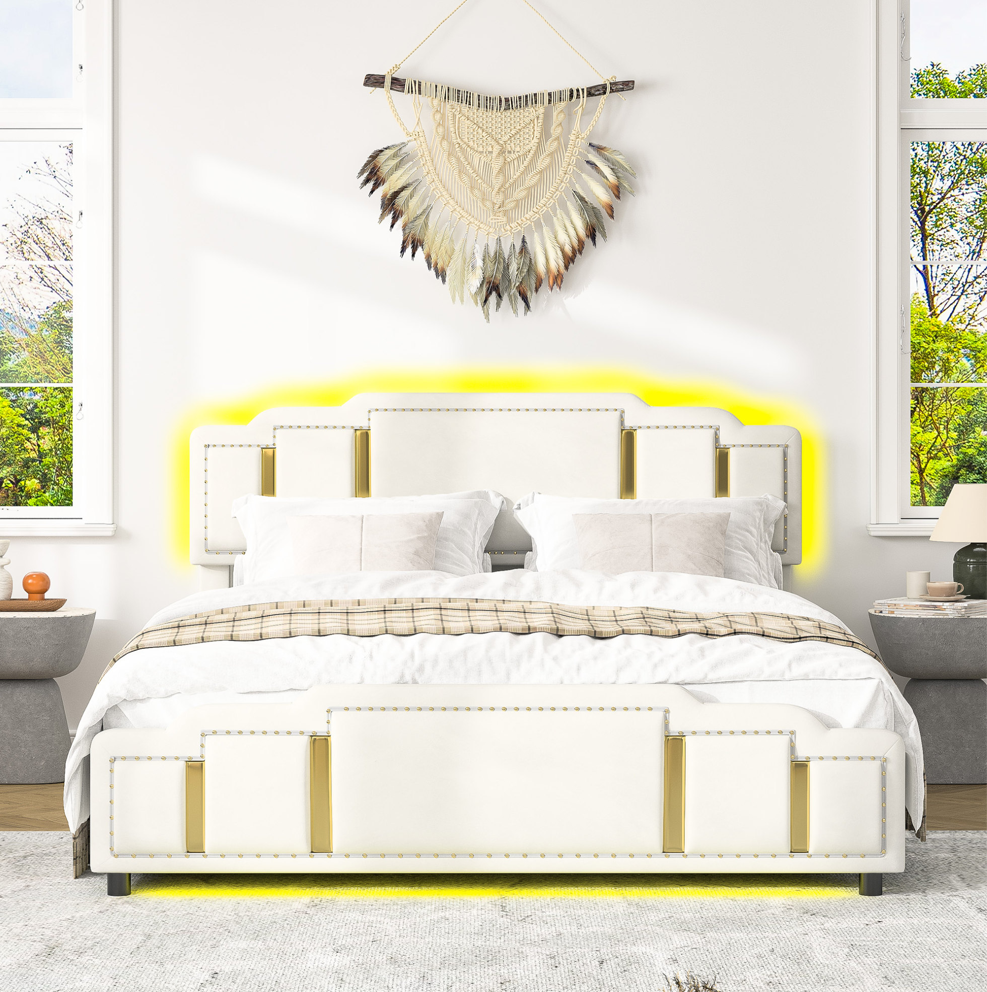 Cama Tapizada 212x145x102 Cm, Con Almacenaje Hidráulico, Luz Led, Cabecero Acolchado, Terciopelo Beige