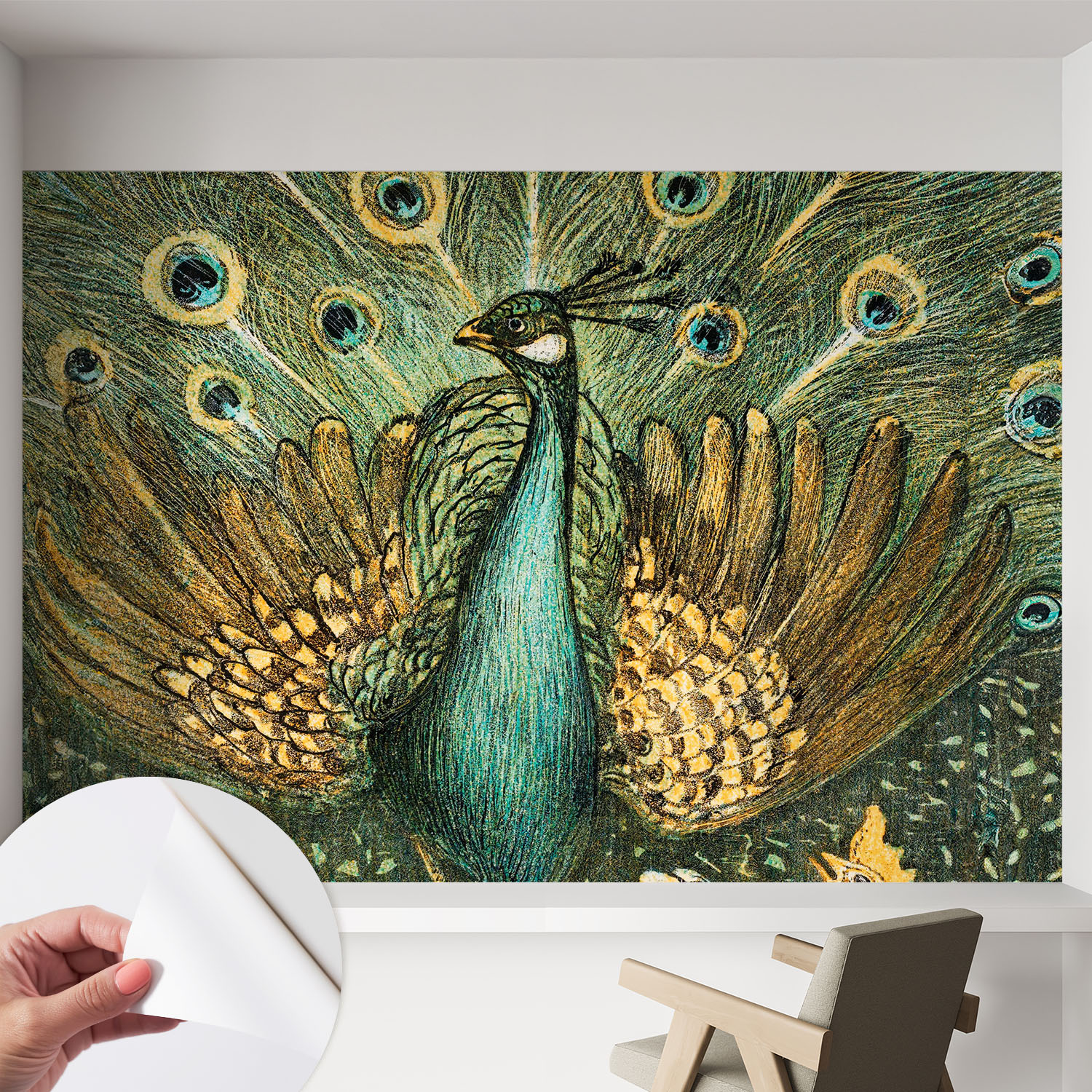 Papier Peint Autocollant Adhésif Avec Imprimé Installation Simple Qualité Excellente Sans Désordre Paon Majestueux 152x104 Cm