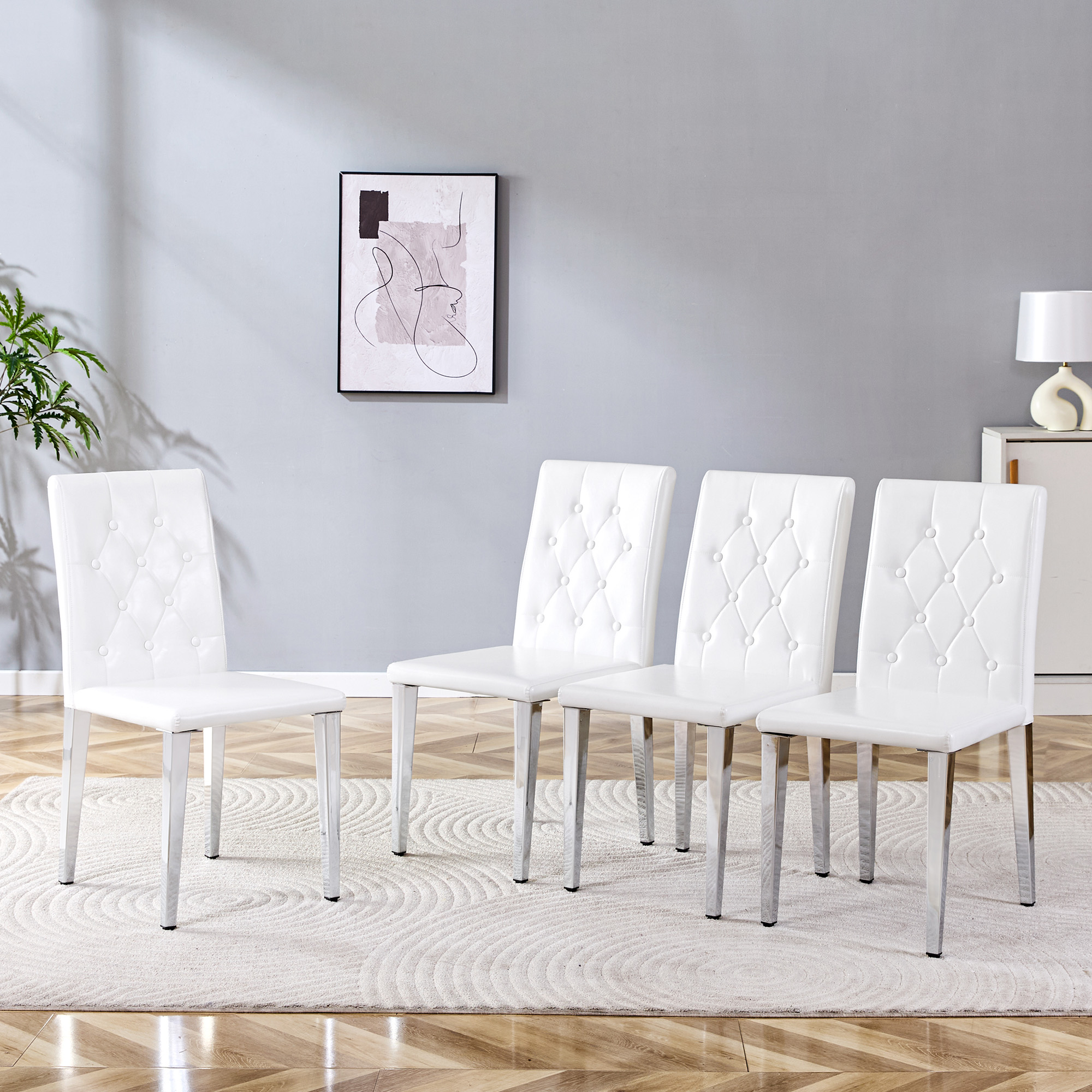 Redom - Lot De 4 Chaises De Salle À Manger, Dossier Capitonné À Losanges, Pieds Métalliques Argent Brillant, Pu Blanc