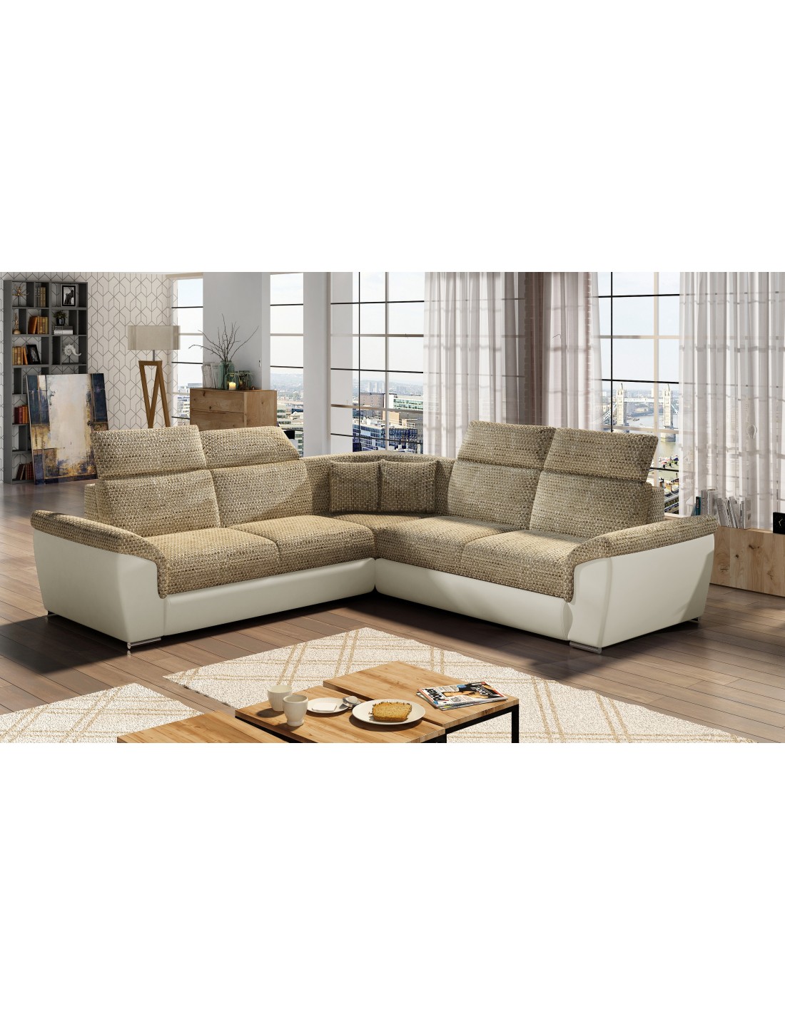 Canapé D'Angle Frederico Beige 5 Places Avec Têtières 266x266cm