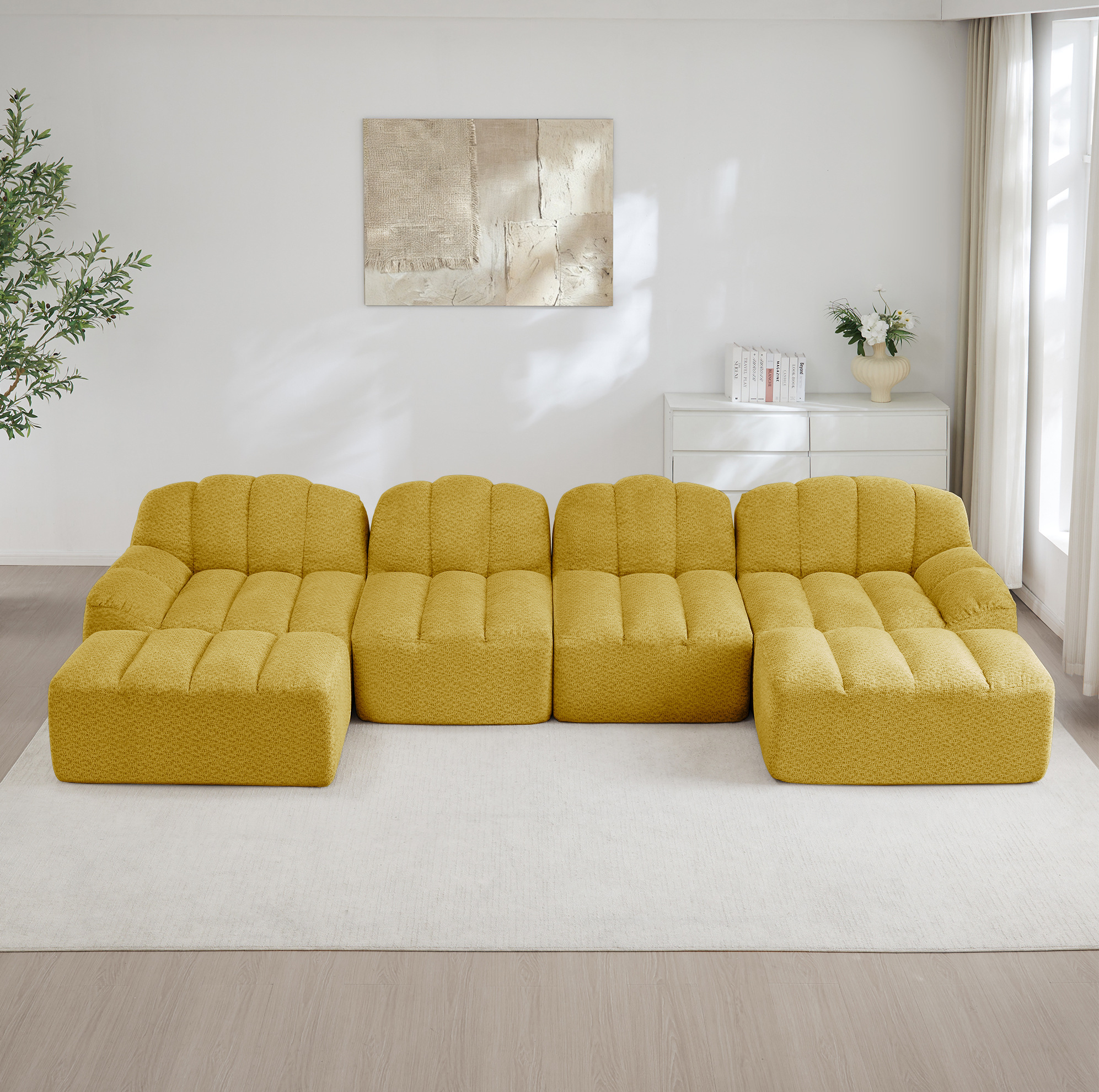 Canapé Modulable 4 Places En Forme De U Avec 2 Poufs, Mousse 32d, Tissu Jaune, Redom