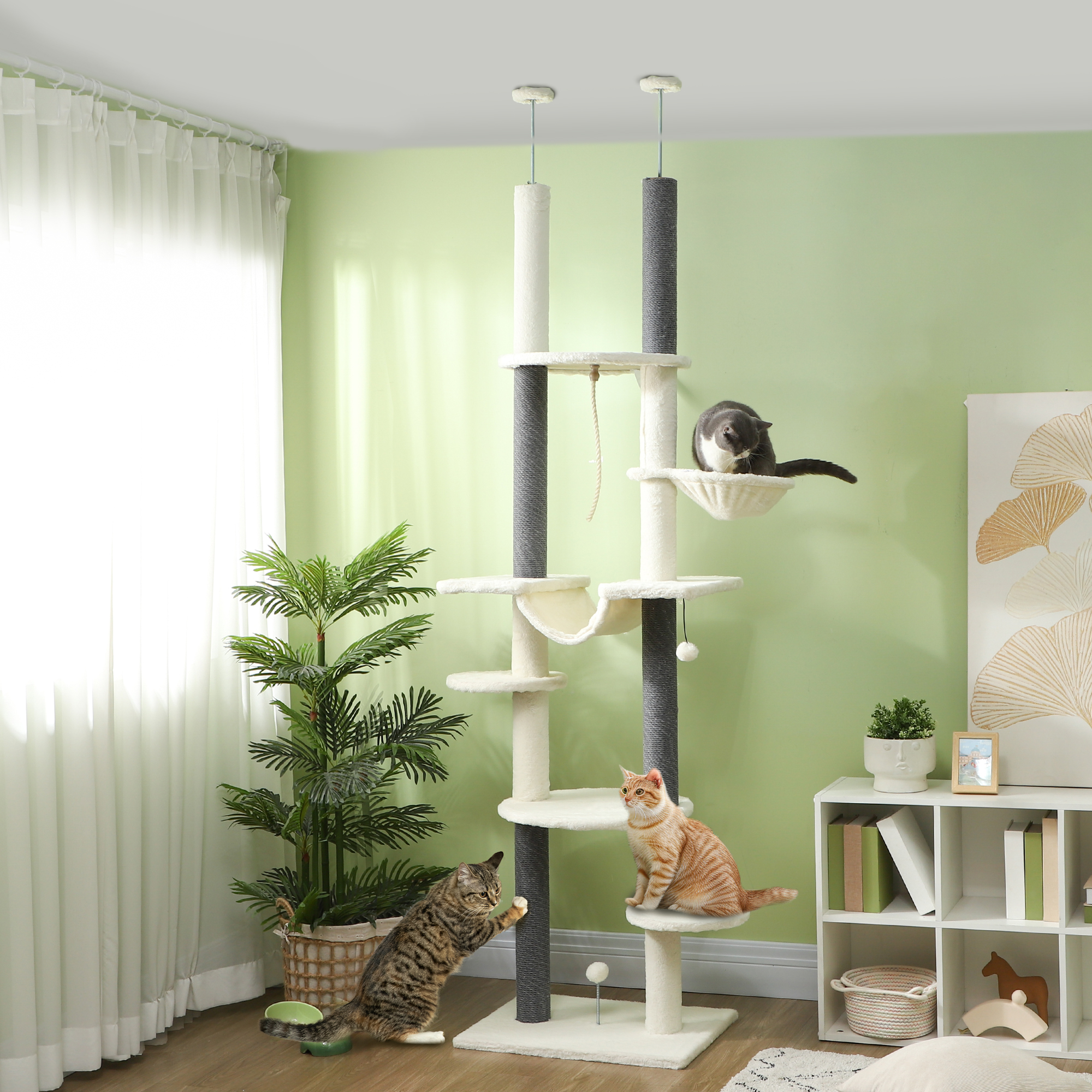 Arbre À Chat Plafond Réglable 225-255 Cm Avec Hamacs, Griffoirs, Panier, Blanc