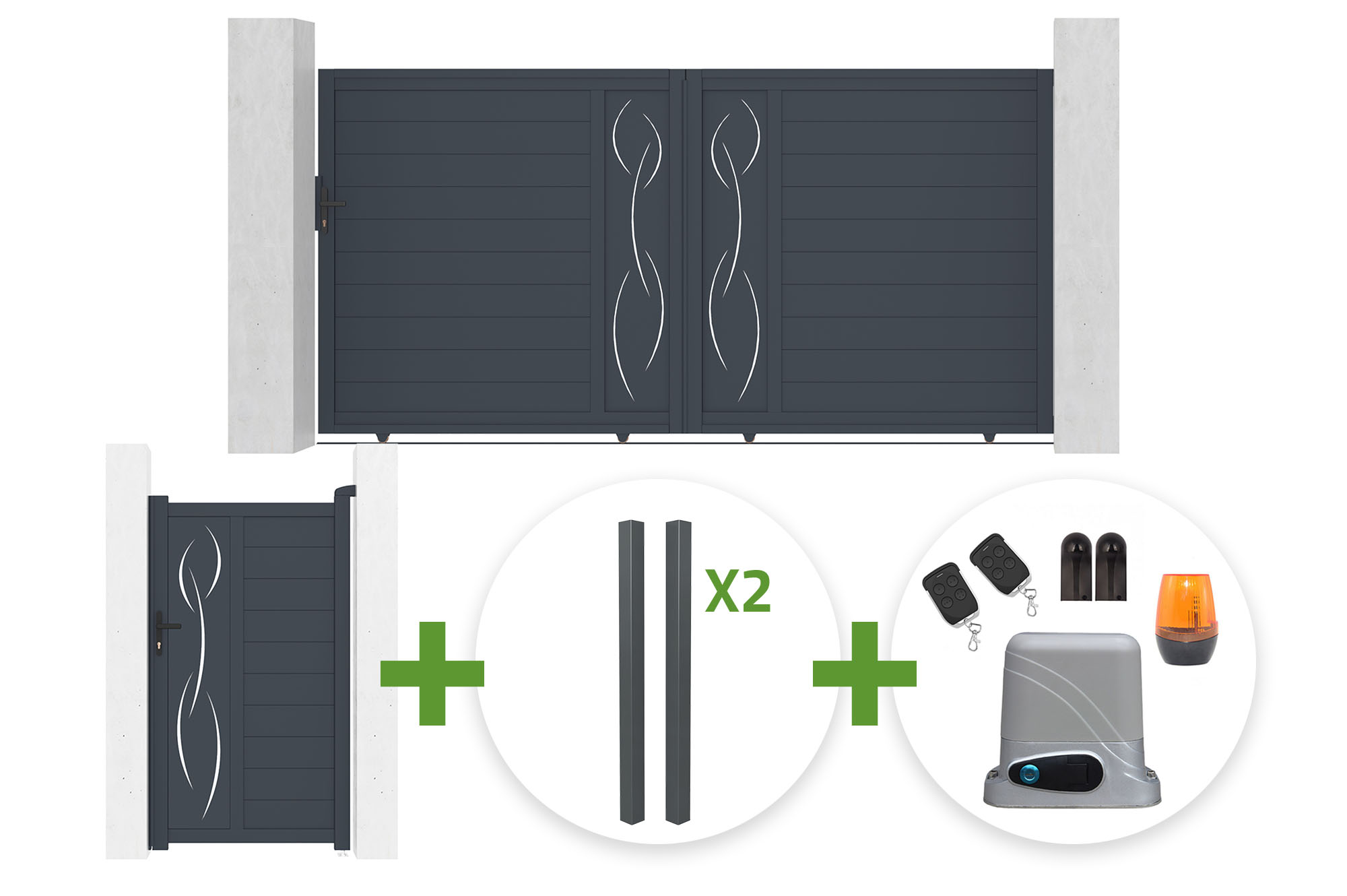 Portail Coulissant 3,5m Life H.180cm Gris + Portillon 1m Life H.180cm Gris + 4 Poteaux Elda + Motorisation Tanker C600