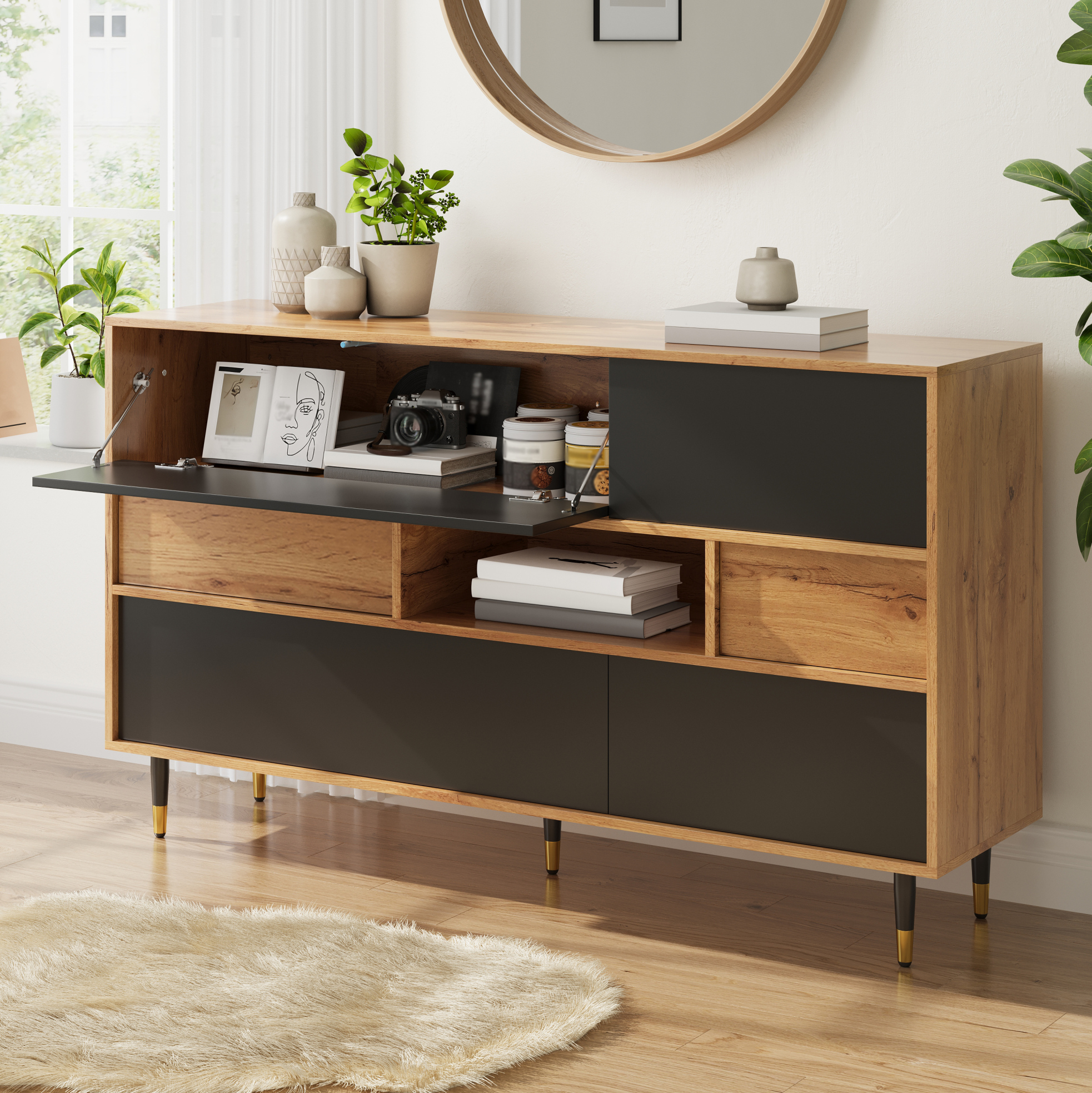 Buffet De Rangement Multifonction 140 X 40 X 84,5 Cm Avec 2 Tiroirs, Bois Et Noir, Redom
