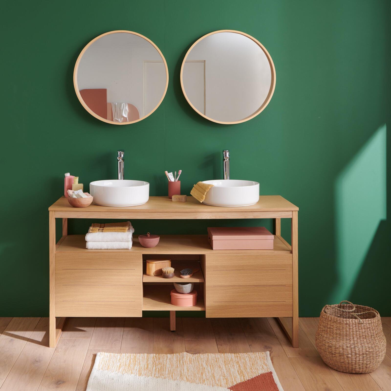 Meuble Atoll Double 140cm Chêne Vasques Blanches Robinets Miroir