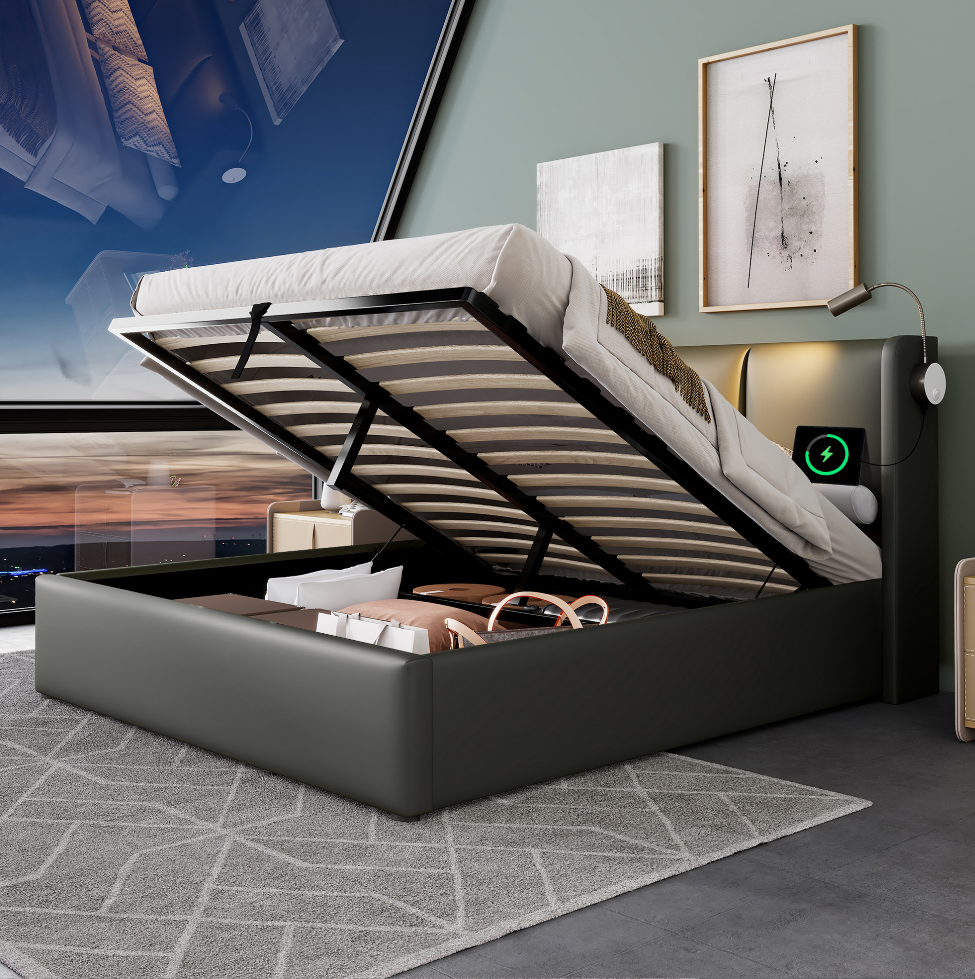 Lit Coffre 180x200 Cm Avec Lampe De Lecture, 2 Ports Usb Et Levage Hydraulique, Gris