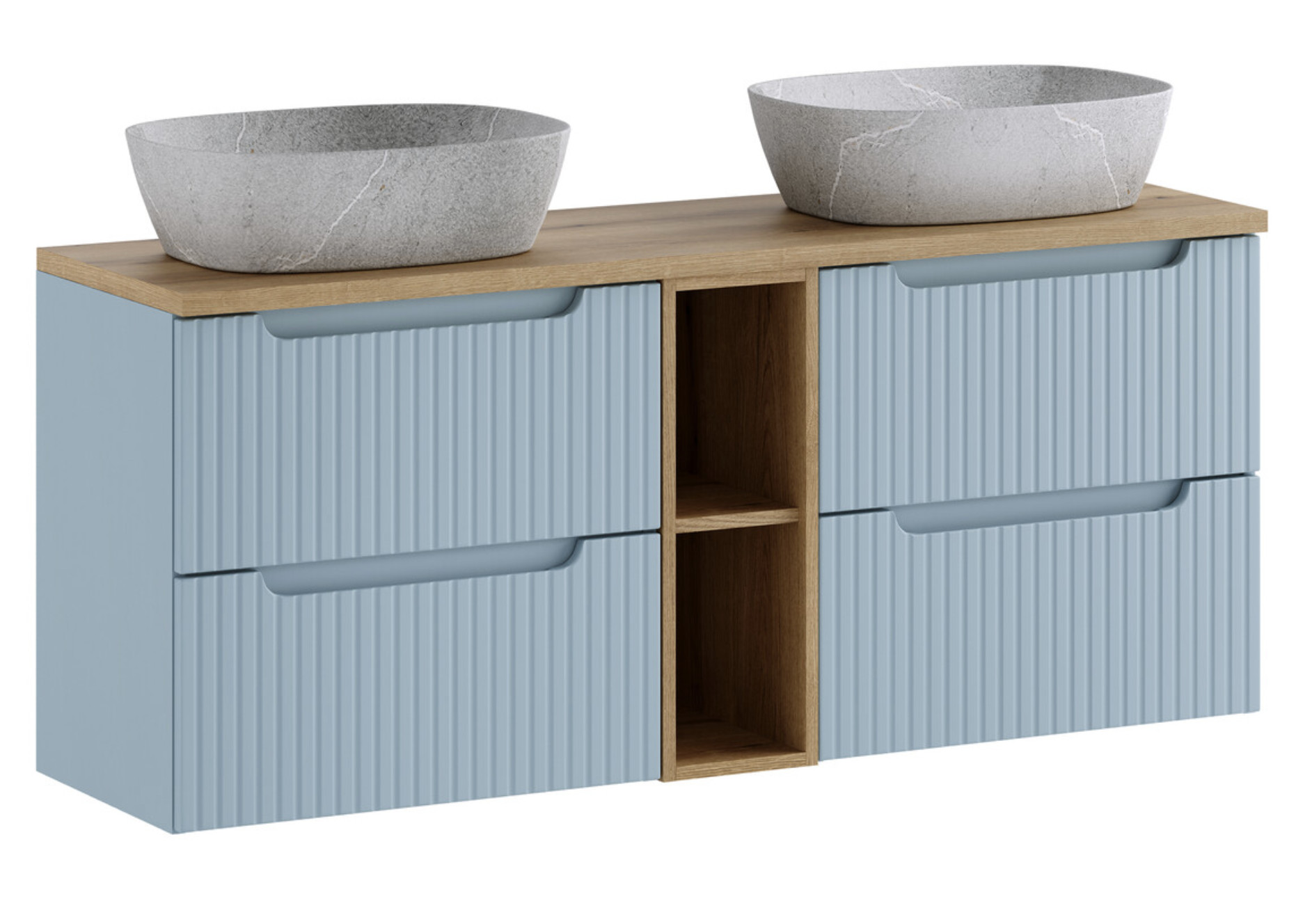 Ensemble Meuble Salle De Bain Suspendu Bleu Nova Denim 140cm - Double Vasque Grise Avec Plan Et Rangements