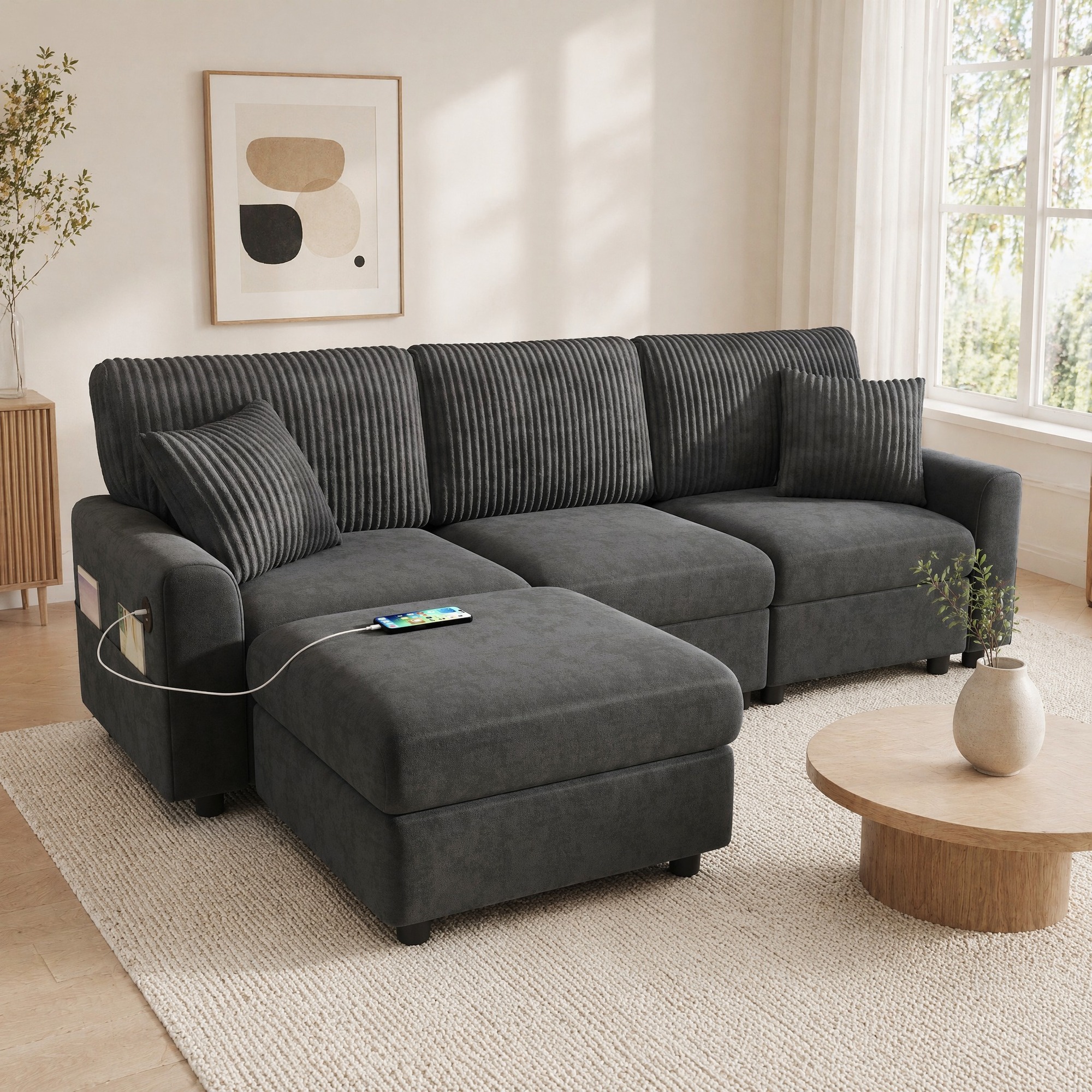 Canapé Moderne Avec 1 Pouf, 2 Coussins, Usb Et Type-c, Noir, L223 X P146 X H84 Cm