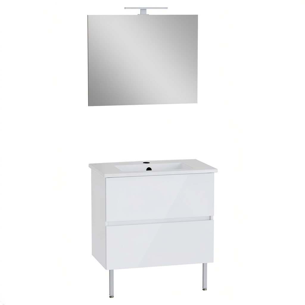 Vitra Pack Meuble 80cm Blanc Brillant 2 Tiroirs Mia Plus Square, Plan Céramique, Miroir Avec Éclairage Led